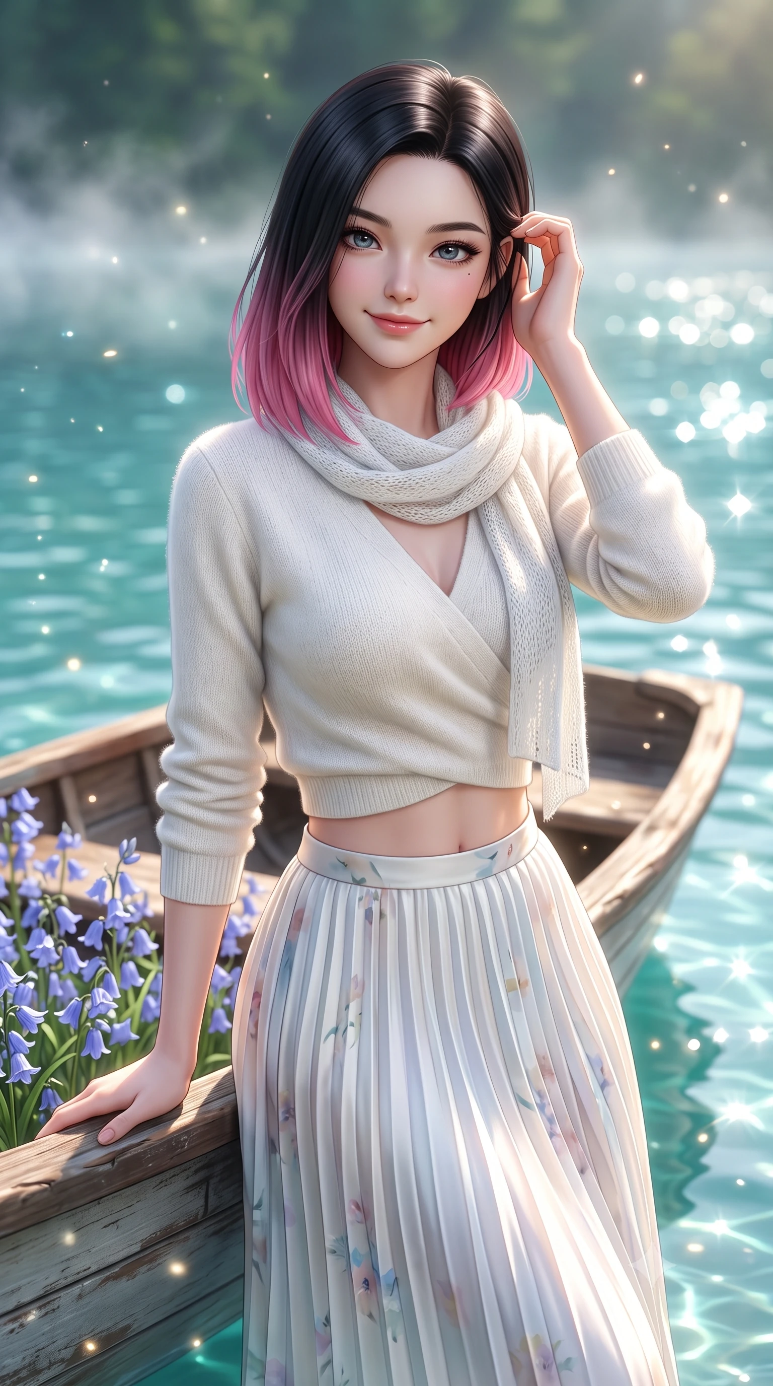 score_9, masterpiece, best quality, ultra-detailed, high-budget anime keyframe, semi-realistic 3D game render, editorial fashion photography, tasteful artistic composition, Korean woman. close-up cowboy shot from the waist and thighs up, the character dominates the composition, filling the frame with her large presence. tilting her head with a cute, youthful grin while brushing a stray strand of hair behind her ear with slender fingers while leaning gently against a vintage wooden rowboat filled with bluebells, casting a warm and charming gaze into the lens. The composition keeps background elements in soft focus with creamy bokeh. shimmering water light refractions and drifting lake mist scattering soft glowing light motes. She has an exceptionally elegant, slender, and willowy female figure with an ultra-slim waist, a gracefully sculpted slender torso, toned flat midriff, and a refined slim silhouette. sharp v-shaped jawline, high-bridge nose, intricate jewel-like eyes with depth, thick eyelashes, glossy lips with a natural sheen, pure and lovely fresh girlhood expression, flawlessly proportioned anatomical accuracy, strict slender model proportions, natural body alignment, perfectly sculpted long slender limbs, ultra-slim waistline, clean dynamic posture without body distortion. wearing an elegant soft cashmere wrap sweater paired with a flowing pleated satin midi skirt in fresh alpine white with subtle pastel floral accents, crafted from smooth fluid silk satin with a natural gentle sheen, finished with a lightweight knitted scarf draped loosely around her neck, the tailored casual silhouette highlighting her fresh and youthful presence and perfectly proportioned slender frame. bathed in radiant midday sunshine creating sparkling diamond glints across the turquoise lake surface. highly saturated vibrant anime colors, detailed shading with soft gradients, rich glossy textures, high-contrast stereoscopic depth, volumetric dynamic lighting, master piece, 9:16 ratio
