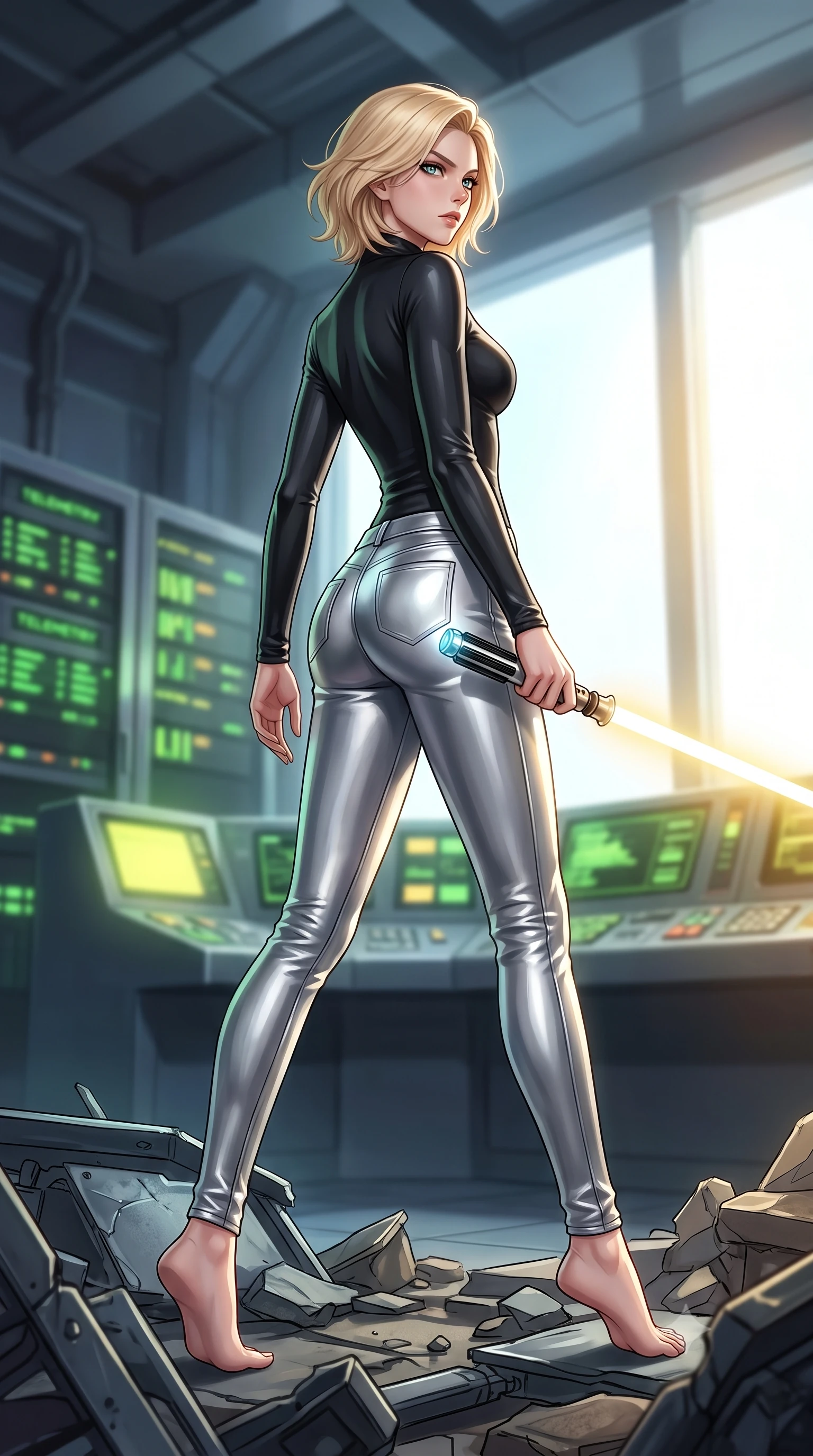 score_9, masterpiece, best quality, ultra-detailed, high-budget anime keyframe, editorial fashion photography, tasteful artistic composition, Caucasian woman. low angle full-body shot from head to toe showing her feet, filling the entire 9:16 vertical frame with her statuesque presence, stretching her vertical silhouette. stepping gracefully through battlefield debris with a glowing saber hilt in hand, looking back over her shoulder, the background shows a soft-focus a solar collector control room with blinking green telemetry racks. She has an absolutely perfect, statuesque 8.5-heads proportion, an exceptionally tall and slender model-like female figure with impossibly long slender legs and an ultra-slim waist. sharp v-shaped jawline, high-bridge nose, intricate jewel-like eyes with depth, thick eyelashes, glossy lips with a natural sheen. wearing a slim-fit body-hugging long-sleeve combat top in carbon-black, tucked into tight-fitting metallic silver skinny pants. soft green and yellow terminal glare contrasting with the blinding solar window view. highly saturated vibrant anime colors, detailed shading with soft gradients, rich glossy textures, high-contrast stereoscopic depth, volumetric dynamic lighting, master piece, 9:16 ratio