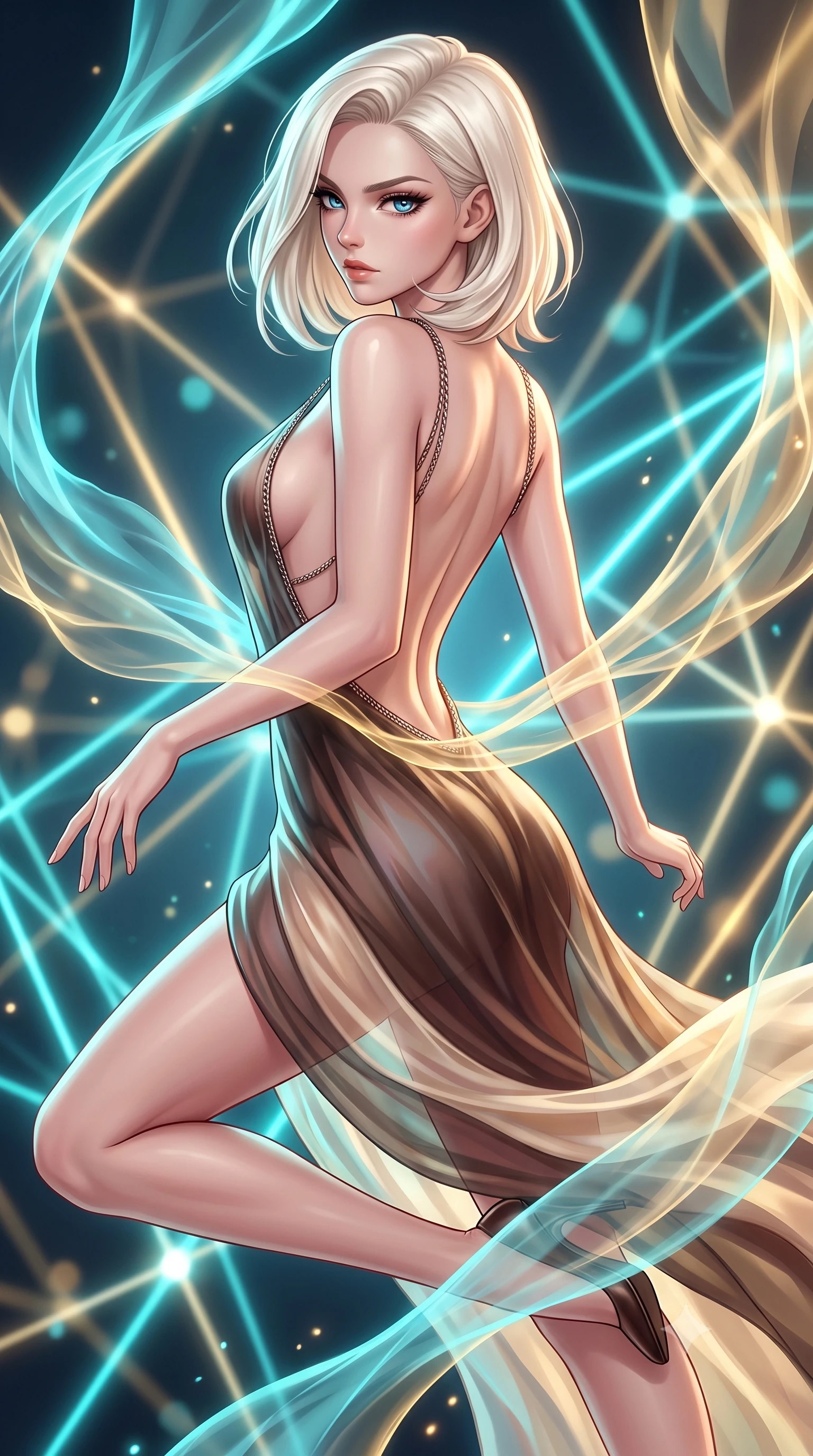 score_9, masterpiece, best quality, ultra-detailed, high-budget anime keyframe, editorial fashion photography, tasteful artistic composition, Caucasian woman. close-up cowboy shot from the waist and thighs up, the character dominates the composition, filling the frame with her large presence, background elements kept in soft focus. Pivoting sharply while looking back over her shoulder with heavy lashes and a confident, intense gaze while leaping across a geometric light matrix with glowing filament threads fluttering behind her, translucent silk-like plasma streams swirling around her silhouette. She has an exceptionally elegant, slender, and willowy female figure with an ultra-slim waist, a gracefully sculpted slender torso, and a refined silhouette. sharp v-shaped jawline, high-bridge nose, intricate jewel-like eyes with depth, thick eyelashes, glossy lips with a natural sheen, flawlessly proportioned anatomical accuracy, natural body alignment, perfectly sculpted elegant limbs, clean dynamic posture without body distortion. wearing a translucent iridescent chiffon gown with a plunging neckline and open back in espresso brown and warm cream, crafted from smooth liquid silk, adorned with delicate metallic chain straps along the neckline, the sleek second-skin texture accentuating her magnetic presence. illuminated by the brilliant glow of cyan and gold luminescent plasma ribbons. highly saturated vibrant anime colors, detailed shading with soft gradients, rich glossy textures, high-contrast stereoscopic depth, volumetric dynamic lighting, master piece, 9:16 ratio