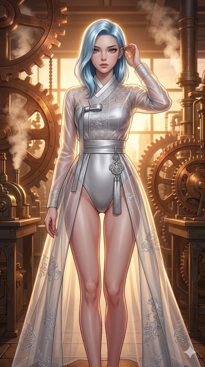 score_9, masterpiece, best quality, ultra-detailed, high-budget anime keyframe, editorial fashion photography, tasteful artistic composition, Korean woman. cowboy shot from the thighs up, character and outfit filling the frame for maximum editorial p