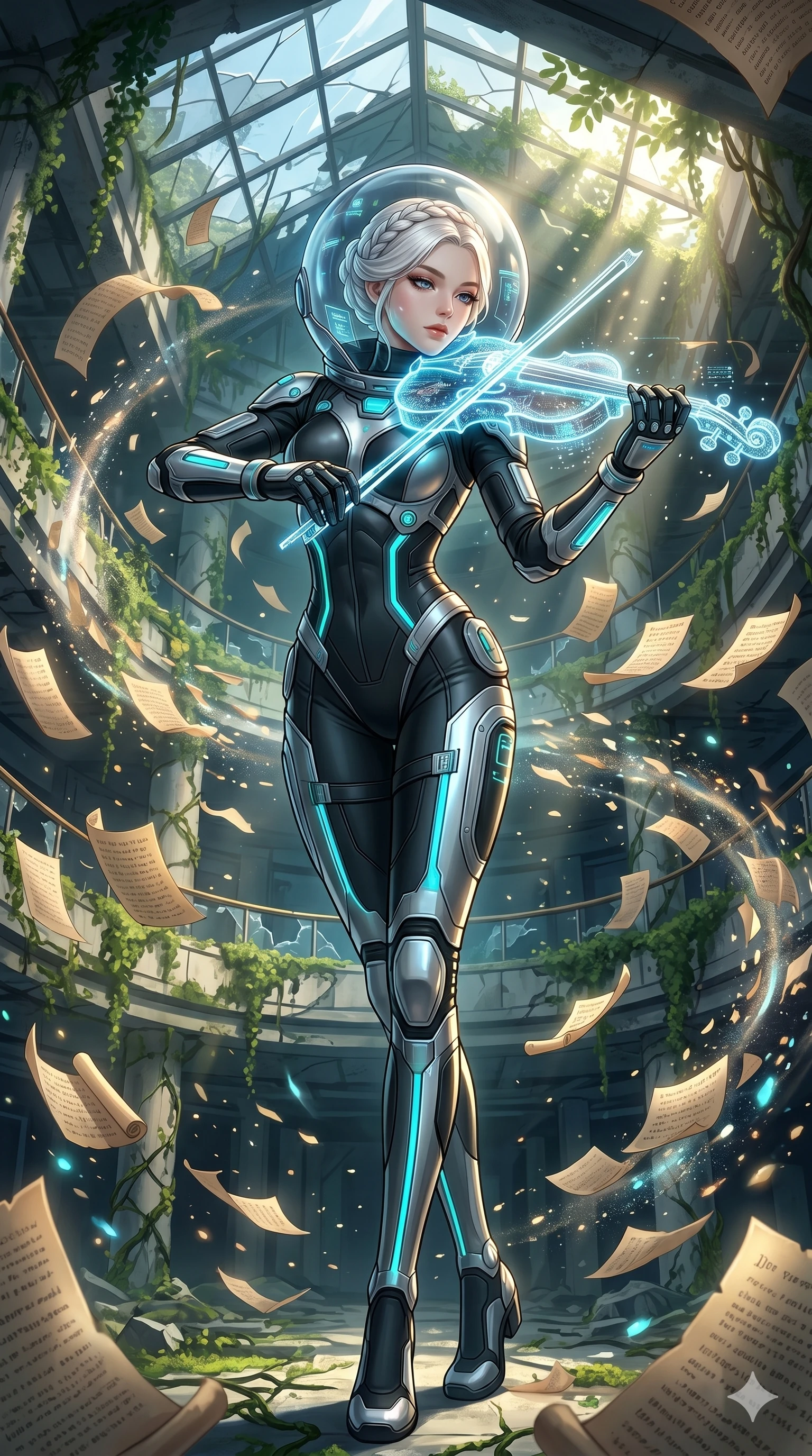 score_9, masterpiece, best quality, ultra-detailed, Set A: High-budget Anime Keyframe, Korean woman. Low angle cowboy shot filling the entire 9:16 frame with her statuesque presence. Theme: Ethereal Dream. playing a holographic violin in a ruined overgrown shopping mall, surrounded by a whirlwind of 283 floating ancient scrolls. The atmosphere is filled with cinematic sunlight through leaves. She has an absolutely perfect 8-heads proportion, an exceptionally tall and slender female figure with impossibly long slender legs and an ultra-slim waist. Sharp v-shaped jawline, high-bridge nose, intricate jewel-like eyes with depth, glossy lips. Wearing Deep-space explorer suit with transparent helmet-hood and glowing bio-sensors. Cinematic lighting, vivid colors, dramatic shadows, 2k, ultra detail, master piece, 9:16 ratio