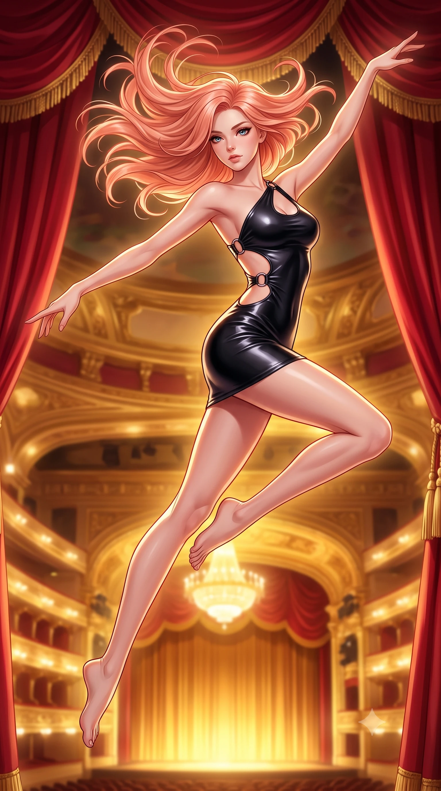 score_9, masterpiece, best quality, ultra-detailed, high-budget anime keyframe, editorial fashion photography, tasteful artistic composition, Japanese woman woman. low angle full-body shot from head to toe showing her feet, filling the entire 9:16 vertical frame with her statuesque presence, stretching her vertical silhouette. She has an absolutely perfect, statuesque 8.5-heads proportion, an exceptionally tall and slender model-like female figure with impossibly long slender legs and an ultra-slim waist. leaping inside the glowing space with athletic poise, her hair swirling in a dynamic wind vortex, flawlessly proportioned anatomical accuracy, natural body alignment, perfectly sculpted elegant limbs, clean dynamic posture without body distortion. set against a soft-focus background of a VIP theater box suite draped in red silk velvet and gold trim. wearing an asymmetric cut-out mini dress in matte black latex with silver ring accents. bathed in warm golden chandelier light from the grand theater stage below. highly saturated vibrant anime colors, detailed shading with soft gradients, rich glossy textures, high-contrast stereoscopic depth, volumetric dynamic lighting, master piece, 9:16 ratio