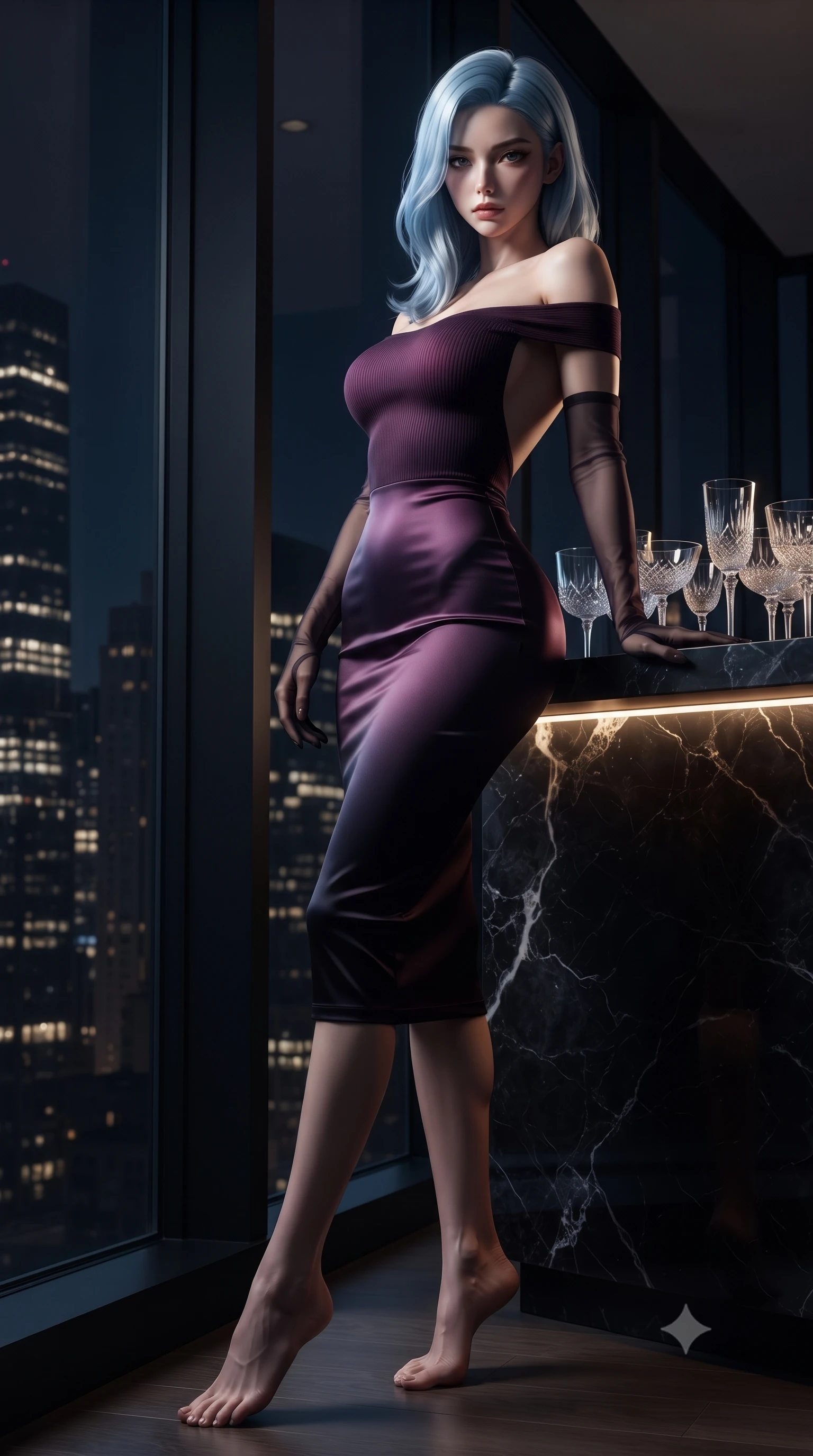 score_9, masterpiece, best quality, ultra-detailed, high-budget anime keyframe, editorial fashion photography, tasteful artistic composition, Korean woman. low angle full-body shot from head to toe showing her feet, filling the entire 9:16 vertical frame with her statuesque presence, stretching her vertical silhouette. leaning back against the panoramic glass window with hips cocked back in an unapologetically alluring high-fashion stance, illuminated by the city night vista while standing poised against the backlit obsidian marble bar counter with hips cocked back, casting an intoxicating bedroom-gaze over a bare shoulder toward the camera. The surrounding environment is rendered in vivid detail and crisp panoramic clarity. detailed fabric drape, fine ice reflections in glassware, and architectural Manhattan skyline clarity in high resolution. She has an exceptionally tall and slender model-like 8.5-heads proportion, an ultra-slim waist, a flat toned midriff, narrow delicate ribcage, and beautifully sculpted feminine hips creating a graceful, slim hourglass silhouette without any bulky heaviness, with impossibly long slender legs. sharp v-shaped jawline, high-bridge nose, intricate jewel-like dark sparkling eyes with dangerous depth, thick curled eyelashes, glossy parted lips with a rich wine sheen, smoldering seductive half-smile with bedroom-eyes, exuding effortless superiority and intoxicating dark allure, flawlessly proportioned anatomical accuracy, strict slender model proportions, natural body alignment, perfectly sculpted long slender limbs, ultra-slim waistline, clean dynamic posture without body distortion. wearing a form-contouring off-shoulder ribbed cashmere bodycon midi dress with a low-back scoop in rich plum violet and deep onyx black, crafted from heavy fluid silk satin with a liquid mirror-like drape, complemented by sheer dark opera gloves reaching past her elbows, the form-contouring cut accentuating her sculpted flat midriff, narrow delicate ribcage, and gracefully curvy hips with sovereign high-fashion precision. illuminated by dramatic chiaroscuro key lighting and sharp champagne rim light tracing her razor-sharp jawline, ultra-slim waist, and curvy hips. ultra-reflective glossy finish, specular highlights, rich textural contrasts, high-contrast stereoscopic depth, volumetric dynamic lighting, 2k, ultra detail, master piece, 9:16 ratio