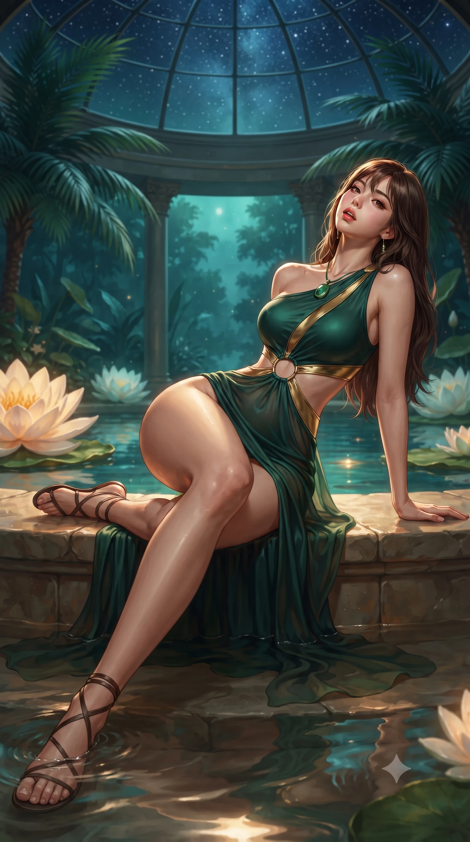 score_9, masterpiece, best quality, ultra-detailed, high-budget anime keyframe, editorial fashion photography, tasteful artistic composition, Korean woman. low angle full-body shot from head to toe showing her feet, filling the entire 9:16 vertical frame with her statuesque presence, stretching her vertical silhouette. reclining on her side in an elegant Cleopatra pose with one knee drawn up, the dramatic contour of her rounded hips and long slender legs commanding the 9:16 vertical frame while resting on a submerged stone bench as warm water laps at her waist, head tilted back toward the starry glass dome with parted lips. The composition keeps background elements in soft focus with creamy bokeh. towering exotic palm fronds and giant floating lily blossoms blurred into deep emerald, turquoise, and soft moonlight bokeh. She has an absolutely perfect, statuesque 8.5-heads proportion, an exceptionally tall and slender model-like female figure with impossibly long slender legs, a toned flat midriff, an ultra-slim waist, and beautifully sculpted feminine hips. sharp v-shaped jawline, high-bridge nose, intricate jewel-like eyes with depth, thick eyelashes, glossy parted lips with a natural sheen, intensely captivating and seductive bedroom-eyes expression, flawlessly proportioned anatomical accuracy, strict slender model proportions, natural body alignment, perfectly sculpted long slender limbs, ultra-slim waistline, clean dynamic posture without body distortion. wearing a modern water-nymph one-shoulder gown with an exposed midriff ring cutout and floating chiffon skirt in deep emerald green and polished brass gold, made of flexible second-skin stretch neoprene with specular wet sheen, accessorized with minimalist leather wrap sandals and a carved jade pendant, the form-contouring material adhering flawlessly to her sculpted flat midriff and slender torso, emphasizing her long leg lines and perfectly proportioned willowy build. surrounded by an otherworldly, sensual, and exquisitely pure water-lily nymph aura. ultra-reflective glossy finish, specular highlights, rich textural contrasts, high-contrast stereoscopic depth, volumetric dynamic lighting, 2k, ultra detail, master piece, 9:16 ratio