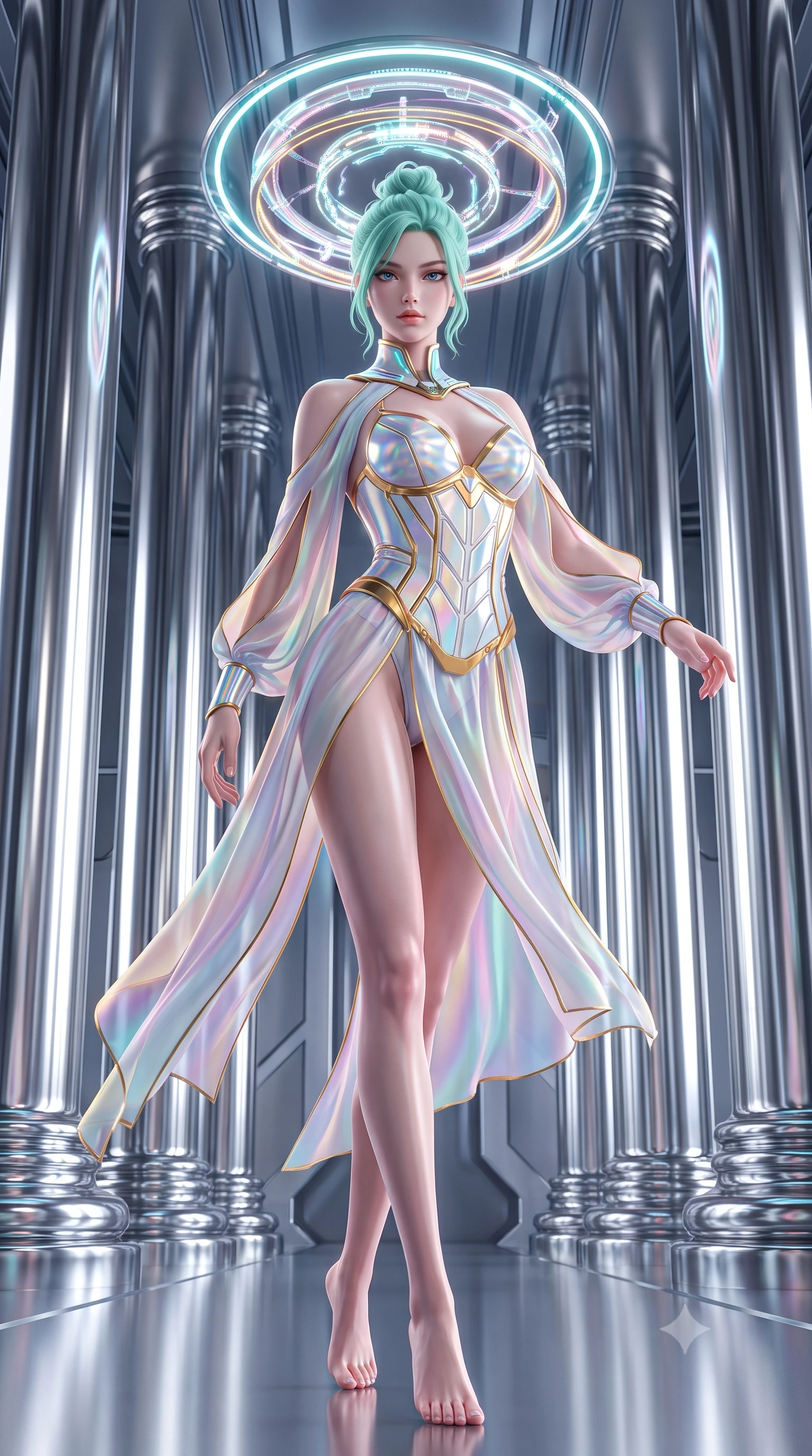 score_9, masterpiece, best quality, ultra-detailed, high-budget anime keyframe, semi-realistic 3D game render, editorial fashion photography, tasteful artistic composition, Japanese woman. low angle full-body shot from head to toe showing her feet, filling the entire 9:16 vertical frame with her statuesque presence, stretching her vertical silhouette. arching her spine in a fluid zero-gravity turn with sovereign grace, her long slender legs and sculpted torso creating a sweeping line while striding commanding between colossal polished chrome pillars in a futuristic cyber-cathedral as a floating neon halo rotates behind her head. The surrounding environment is rendered in vivid detail and crisp panoramic clarity. high-contrast futuristic chiaroscuro and sacred cybernetic architecture rendered with environmental sharpness. She has an absolutely perfect, statuesque 8.5-heads proportion, an exceptionally tall and slender model-like female figure with impossibly long slender legs, a toned flat midriff, and an ultra-slim waist. sharp v-shaped jawline, high-bridge nose, intricate jewel-like eyes with depth, thick eyelashes, glossy lips with a natural sheen, flawlessly proportioned anatomical accuracy, strict slender model proportions, natural body alignment, perfectly sculpted long slender limbs, ultra-slim waistline, clean dynamic posture without body distortion. wearing a precision-tailored holographic cyber-corset with geometric iridescent plating and an ultra-slim waist-cinching silhouette in pristine liquid pearl white and radiant solar gold trim, made of smooth flowing silk chiffon that shifts colors with movement, featuring a sleek aerodynamic collar framed by subtle glowing cybernetic accents, the precision-cut daring openings accentuating her delicate midriff, graceful bare collarbones, and ultra-slim feminine waistline. illuminated by crisp white key light and sharp specular rim highlights tracing her slender curves. rich saturated anime colors with glowing neon highlights, detailed shading with soft gradients, rich glossy textures, high-contrast stereoscopic depth, volumetric dynamic lighting, master piece, 9:16 ratio