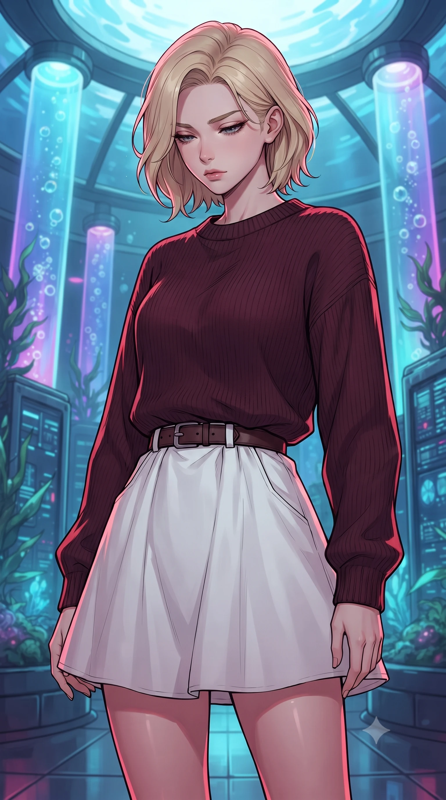 score_9, masterpiece, best quality, ultra-detailed, high-budget anime keyframe, gorgeous anime illustration, with clean line-art and distinct ink outlines, Caucasian woman, strictly human ears. close-up cowboy shot from the waist and thighs up, the character dominates the composition, filling the frame with her large presence, background elements kept in soft focus. Looking down with lowered lashes and a composed powerful expression. set against a soft-focus background of inside an underwater glass dome housing cybernetic server towers cooled by bioluminescent kelp, bubble streams rising through neon-lit water columns outside the glass. She has an exceptionally elegant and slender, willowy female figure with an ultra-slim waist, a gracefully sculpted slender torso, and a refined slim physique. sharp v-shaped jawline, high-bridge nose, intricate jewel-like eyes with depth, thick eyelashes, glossy lips with a natural sheen. wearing a dark burgundy knit sweater with a relaxed fit, paired with a white cotton poplin skirt and a leather belt. deep crimson theatrical lighting with sharp specular highlights on every curve. 2k, ultra detail, master piece, 9:16 ratio, vibrant anime color palette, detailed cel-shading with soft gradients, rich contrast, dynamic lighting, 2d animation style