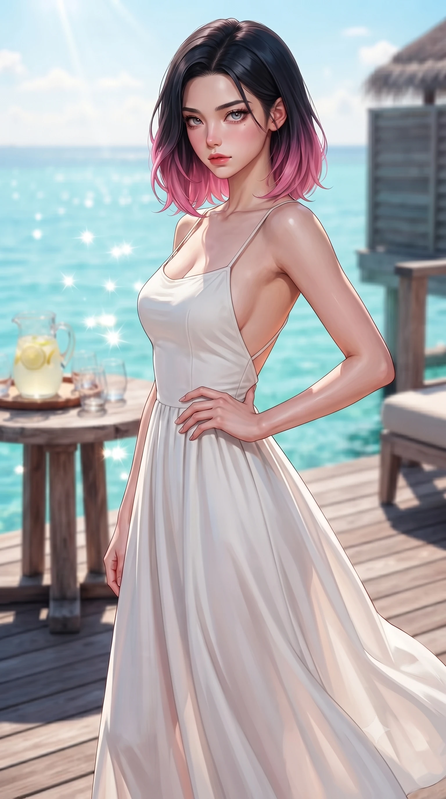 score_9, masterpiece, best quality, ultra-detailed, high-budget anime keyframe, editorial fashion photography, tasteful artistic composition, Korean woman. close-up cowboy shot from the waist and thighs up, the character dominates the composition, filling the frame with her large presence, background elements kept in soft focus. resting one hand on her waist, casting a smoldering, enticing side-gaze at the viewer set against a soft-focus background of on a private wooden deck of a luxury resort villa overlooking a turquoise lagoon with a pitcher of cold lemonade and glasses on a rustic wooden table. She has an exceptionally elegant, slender, and willowy female figure with an ultra-slim waist, a gracefully sculpted slender torso, and a refined silhouette. sharp v-shaped jawline, high-bridge nose, intricate jewel-like eyes with depth, thick eyelashes, glossy lips with a natural sheen. wearing form-contouring backless cotton sundress in white, featuring delicate straps and a long flowing skirt. fresh morning sun rays creating sparkling glints on the blue pool water. highly saturated vibrant anime colors, detailed shading with soft gradients, rich glossy textures, high-contrast stereoscopic depth, volumetric dynamic lighting, master piece, 9:16 ratio