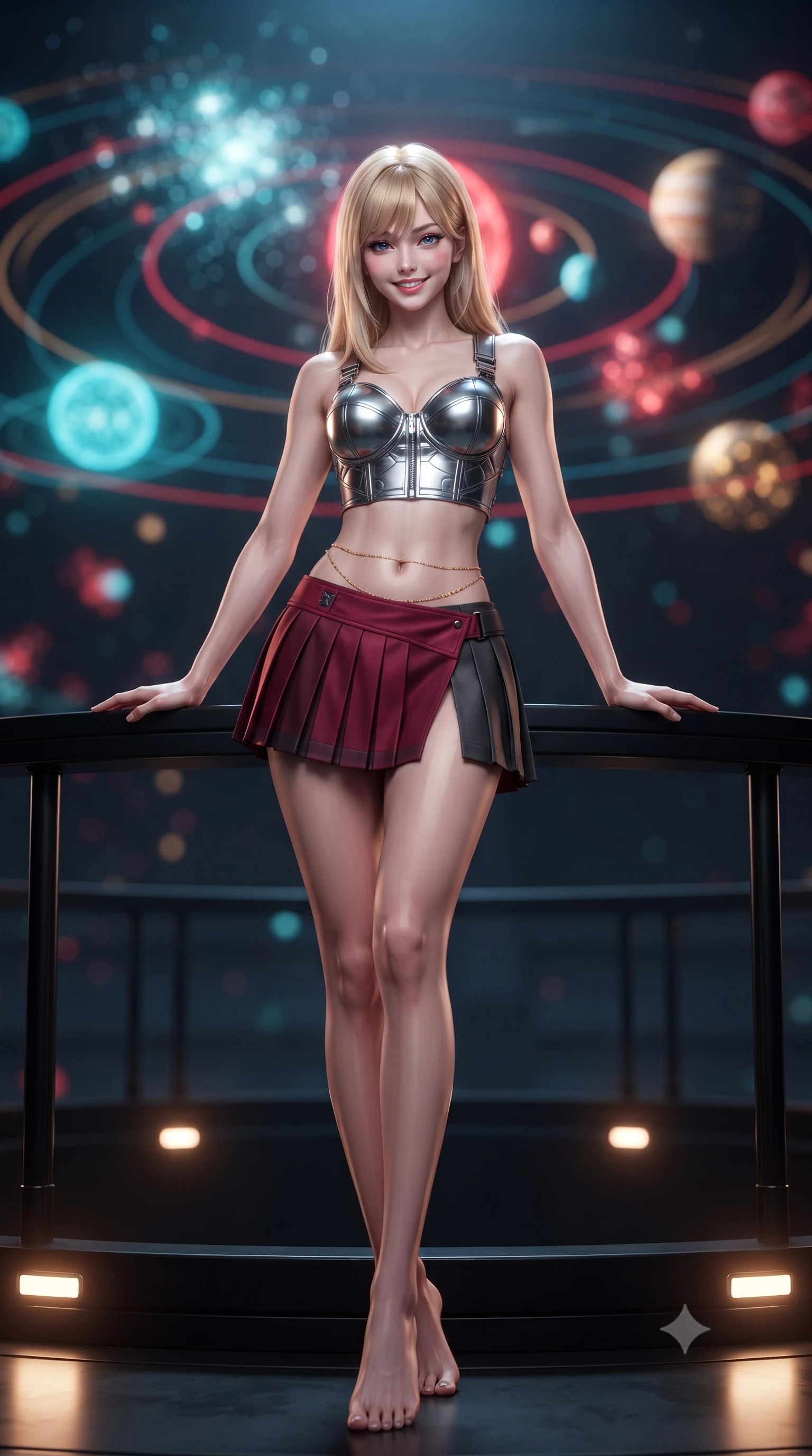 score_9, masterpiece, best quality, ultra-detailed, high-budget anime keyframe, editorial fashion photography, tasteful artistic composition, Japanese woman. low angle full-body shot from head to toe showing her feet, filling the entire 9:16 vertical frame with her statuesque presence, stretching her vertical silhouette. leaning deep against the balcony balustrade with hips cocked back in an unapologetically alluring high-fashion stance, casting an intoxicating glance while standing poised at the center of the circular black obsidian war-room beneath a monumental 3D holographic star system map, arching her lower back with sovereign supermodel grace. The background shows a soft-focus floating 3D holographic star clusters, pulsing red battle lines, and glowing planetary orbits blurred into cyan, crimson, and gold bokeh. She has an exceptionally tall and slender model-like 8.5-heads proportion, an ultra-slim waist, a flat toned midriff, narrow delicate ribcage, and beautifully sculpted feminine hips creating a graceful, slim hourglass silhouette without any bulky heaviness, with impossibly long slender legs. sharp v-shaped jawline, high-bridge nose, intricate jewel-like sparkling eyes with depth, thick eyelashes, glossy parted lips with a natural peach sheen, bright cheerful beaming smile with an enchanting and coquettish sensual glint, exuding both youthful cute charm and seductive allure, flawlessly proportioned anatomical accuracy, strict slender model proportions, natural body alignment, perfectly sculpted long slender limbs, ultra-slim waistline, clean dynamic posture without body distortion. wearing a chrome-plated tactical combat bustier top with reinforced underwire paired with a low-rise pleated micro combat skirt in deep crimson hazard red and matte dark titanium, made of fluid liquid jersey with seamless sculpting hold and smooth contours, accented with a dainty gold belly chain resting across her flat midriff and curving hips, the high-slit wrap tailoring accentuating her ultra-slim waistline and the enchanting curve of her feminine hips with alluring seductive charm. bathed in the multi-colored celestial glow of the rotating holographic star system contrasted with subtle floor-level warm lights. ultra-reflective glossy finish, specular highlights, rich textural contrasts, high-contrast stereoscopic depth, volumetric dynamic lighting, 2k, ultra detail, master piece, 9:16 ratio