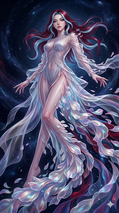 score_9, masterpiece, best quality, ultra-detailed, High-budget Anime Keyframe, East Asian woman. Low angle cowboy shot filling the entire 9:16 frame with her statuesque presence. Scenario 201: Dissolving into a cloud of iridescent silk petals in a v