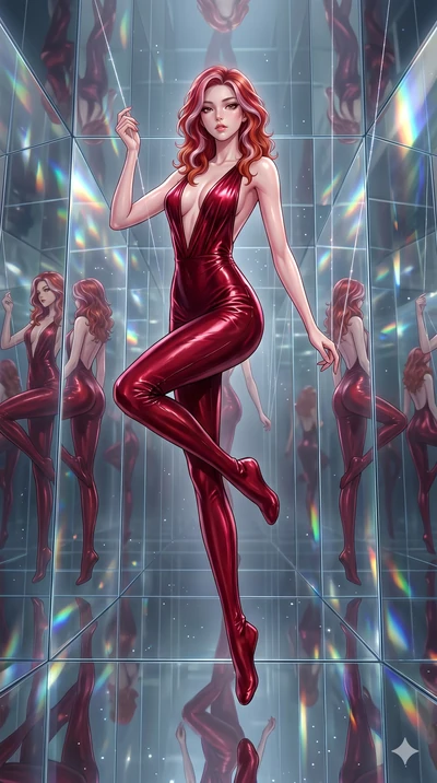 score_9, masterpiece, best quality, ultra-detailed, High-budget Anime Keyframe, East Asian woman. Dynamic full-body shot stretching the vertical silhouette to the limit. Scenario 256: Suspended by invisible silk threads in a hall of mirrors. Her pres