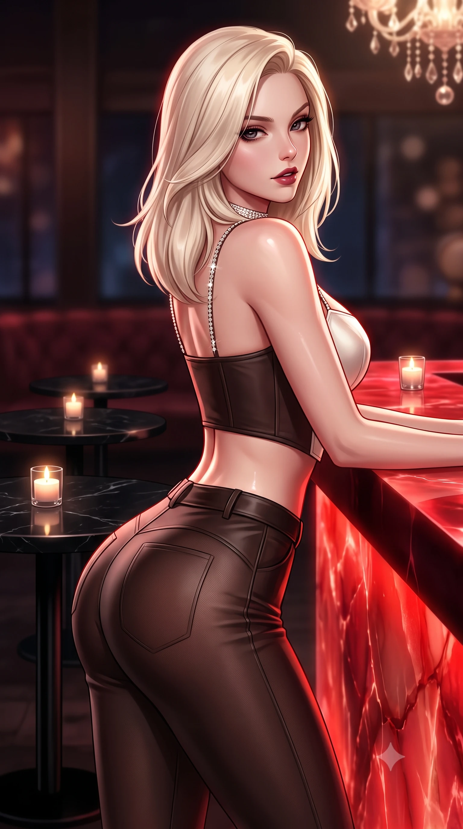 score_9, masterpiece, best quality, ultra-detailed, high-budget anime keyframe, semi-realistic 3D game render, editorial fashion photography, tasteful artistic composition, Caucasian woman. close-up cowboy shot from the waist and thighs up, the character dominates the composition, filling the frame with her large presence. tilting her chin up slightly with lips parted in a composed, sovereign expression, her body curving in an alluring S-line that accentuates her hip contour while leaning against the glowing red onyx bar counter with hips cocked back, looking over a bare shoulder with a playful, seductive glint in her eyes. The composition keeps background elements in soft focus with dreamy creamy bokeh. flickering tea-light candles on black marble tables softened in moody lounge shallow focus. She has an exceptionally elegant, slender, and willowy female figure with an ultra-slim waist, flat toned midriff, narrow ribcage, and sculpted feminine hips creating an alluring, slim hourglass silhouette without bulk. sharp v-shaped jawline, high-bridge nose, intricate jewel-like dark sparkling eyes with dangerous depth, thick curled eyelashes, glossy parted lips with a rich wine sheen, smoldering seductive half-smile with bedroom-eyes, exuding effortless superiority and intoxicating dark allure, flawlessly proportioned anatomical accuracy, strict slender model proportions, natural body alignment, perfectly sculpted long slender limbs, ultra-slim waistline, clean dynamic posture without body distortion. wearing a cropped structured bodice top paired with ultra-fitted high-waisted leather trousers tracing her hips in dark espresso brown and pearlescent ivory, made of semi-opaque dark contouring mesh clinging like a second skin, finished with a delicate diamond choker catching the chandelier light, the high-waisted tailoring accentuating her ultra-slim waistline and the enchanting curve of her feminine hips with alluring dark charm. illuminated by sharp specular highlights on skin and dark scarlet rim light sculpting her sculpted midriff, narrow waist, and curvy hips. highly saturated vibrant anime colors, detailed shading with soft gradients, rich glossy textures, high-contrast stereoscopic depth, volumetric dynamic lighting, master piece, 9:16 ratio