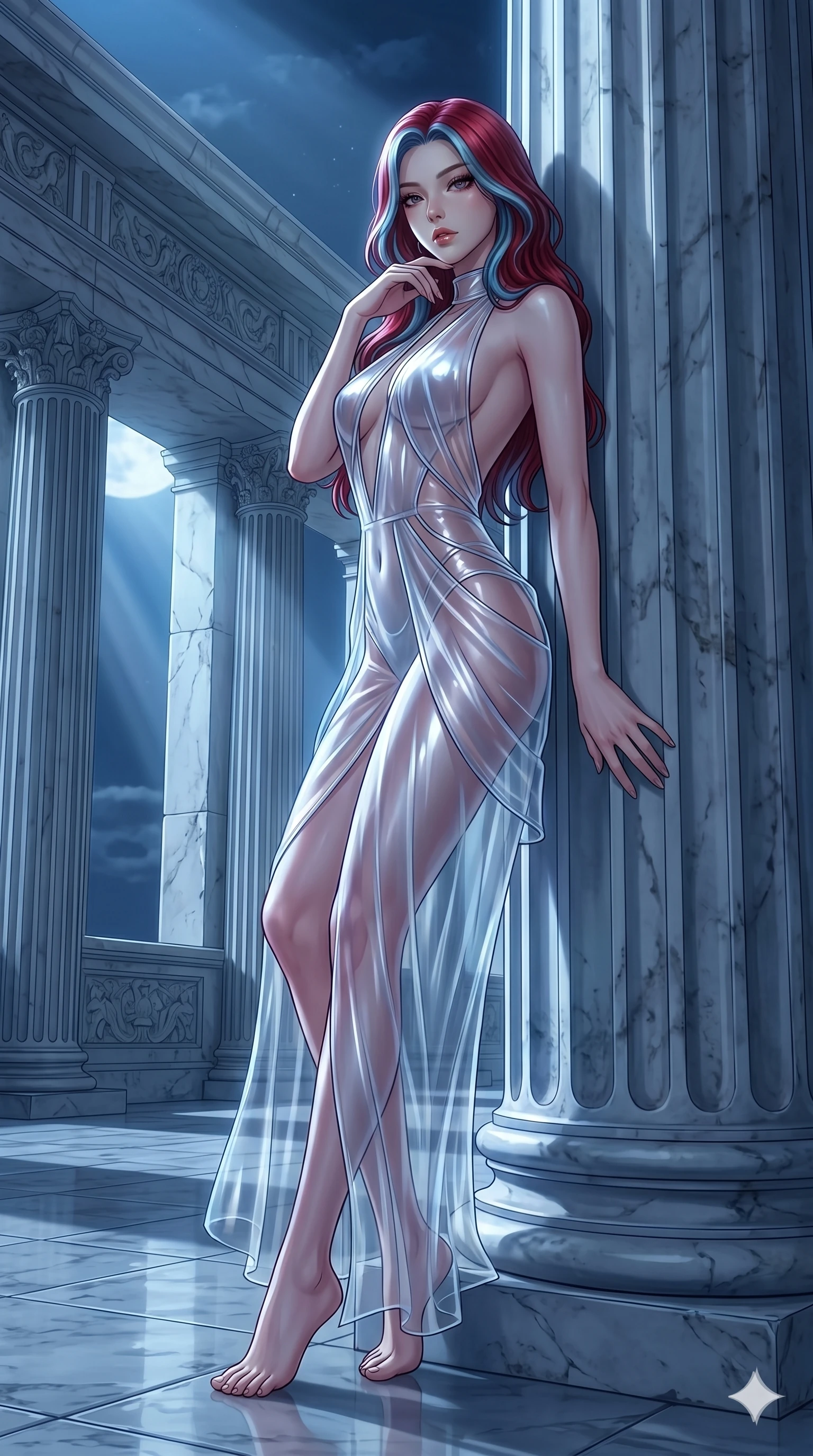 score_9, masterpiece, best quality, ultra-detailed, High-budget Anime Keyframe, East Asian woman. Low angle cowboy shot filling the entire 9:16 frame with her statuesque presence. Scenario 243: Leaning against a cold marble pillar in a moonlit greek temple. Her presence is magnetic and overpowering in this high-budget anime scene. Outfit 243: A translucent PVC liquid with a backless design and translucent layers. The clothing is designed to emphasize her exceptionally tall and slender 8-heads proportion. 8-heads proportion, towering silhouette, ultra-slim waist. sharp v-shaped jawline, intricate jewel-like eyes with depth, thick eyelashes, glossy lips. 2k, ultra detail, master piece, 9:16 ratio