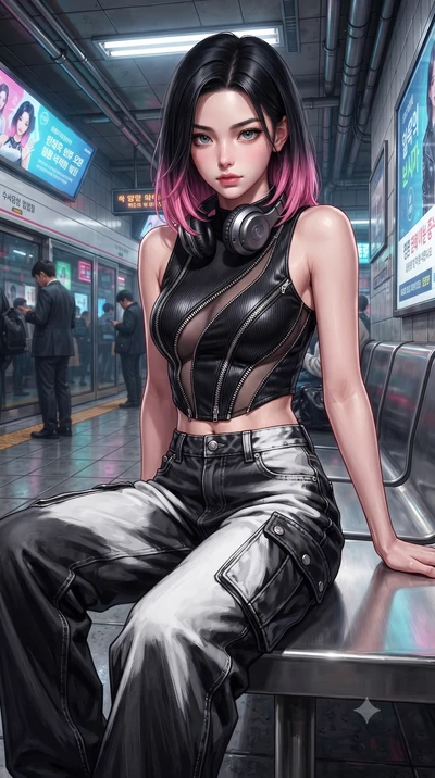 score_9, masterpiece, best quality, ultra-detailed, high-budget anime keyframe, editorial fashion photography, tasteful artistic composition, Korean woman. close-up cowboy shot from the waist and thighs up, the character dominates the composition, fi