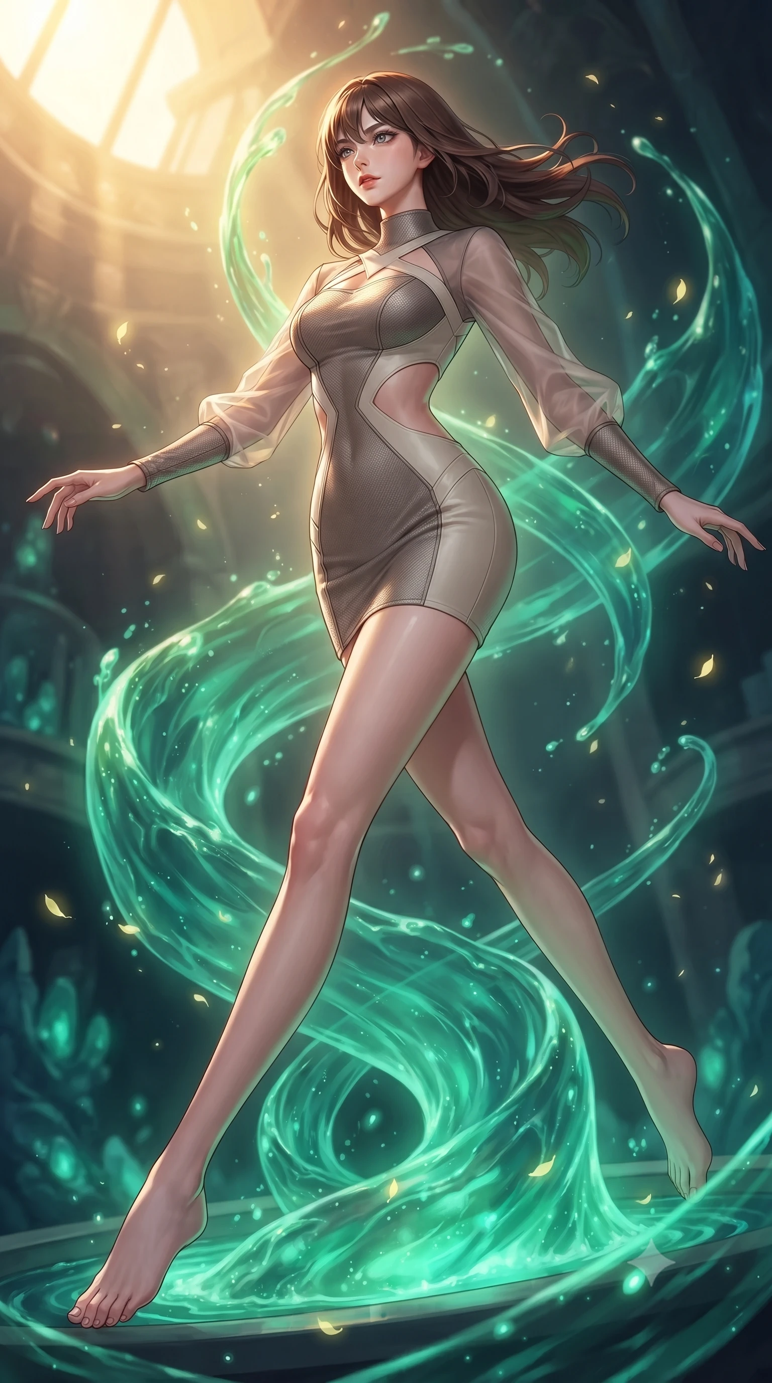 score_9, masterpiece, best quality, ultra-detailed, high-budget anime keyframe, editorial fashion photography, tasteful artistic composition, Korean woman. low angle full-body shot from head to toe showing her feet, filling the entire 9:16 vertical frame with her statuesque presence, stretching her vertical silhouette. leaping gracefully through the environment with statuesque elegance and long slender legs standing by a hydro-flow spiral fountain flowing with bioluminescent emerald sap, glowing pollen particles drifting gracefully around her form. She has an absolutely perfect, statuesque 8.5-heads proportion, an exceptionally tall and slender model-like female figure with impossibly long slender legs and an ultra-slim waist. sharp v-shaped jawline, high-bridge nose, intricate jewel-like eyes with depth, thick eyelashes, glossy lips with a natural sheen. wearing a sleek bodycon knit dress with sheer organza sleeve panels in muted taupe and soft ivory, made of fine carbon-fiber weave and soft matte leather, featuring subtle geometric cutouts that highlight her ultra-slim midriff, the form-contouring material highlighting her ultra-slim waist and long lines. bathed in warm golden sunlight and soft emerald bioluminescent glow. highly saturated vibrant anime colors, detailed shading with soft gradients, rich glossy textures, high-contrast stereoscopic depth, volumetric dynamic lighting, master piece, 9:16 ratio