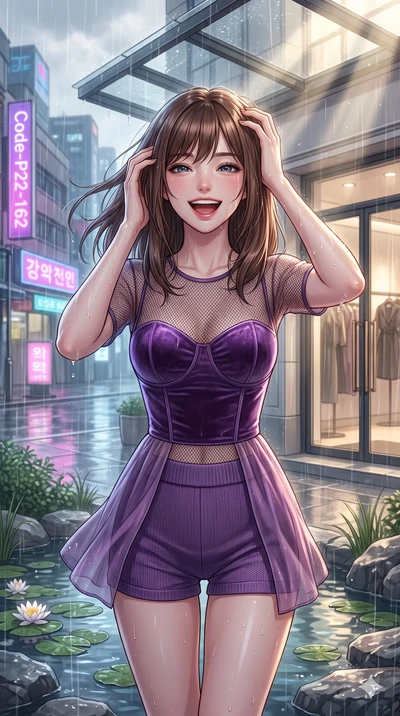 score_9, masterpiece, best quality, ultra-detailed, high-budget anime keyframe, vibrant anime aesthetic, Korean woman. close-up cowboy shot from the waist and thighs up, the character dominates the composition, filling the frame with her large presen