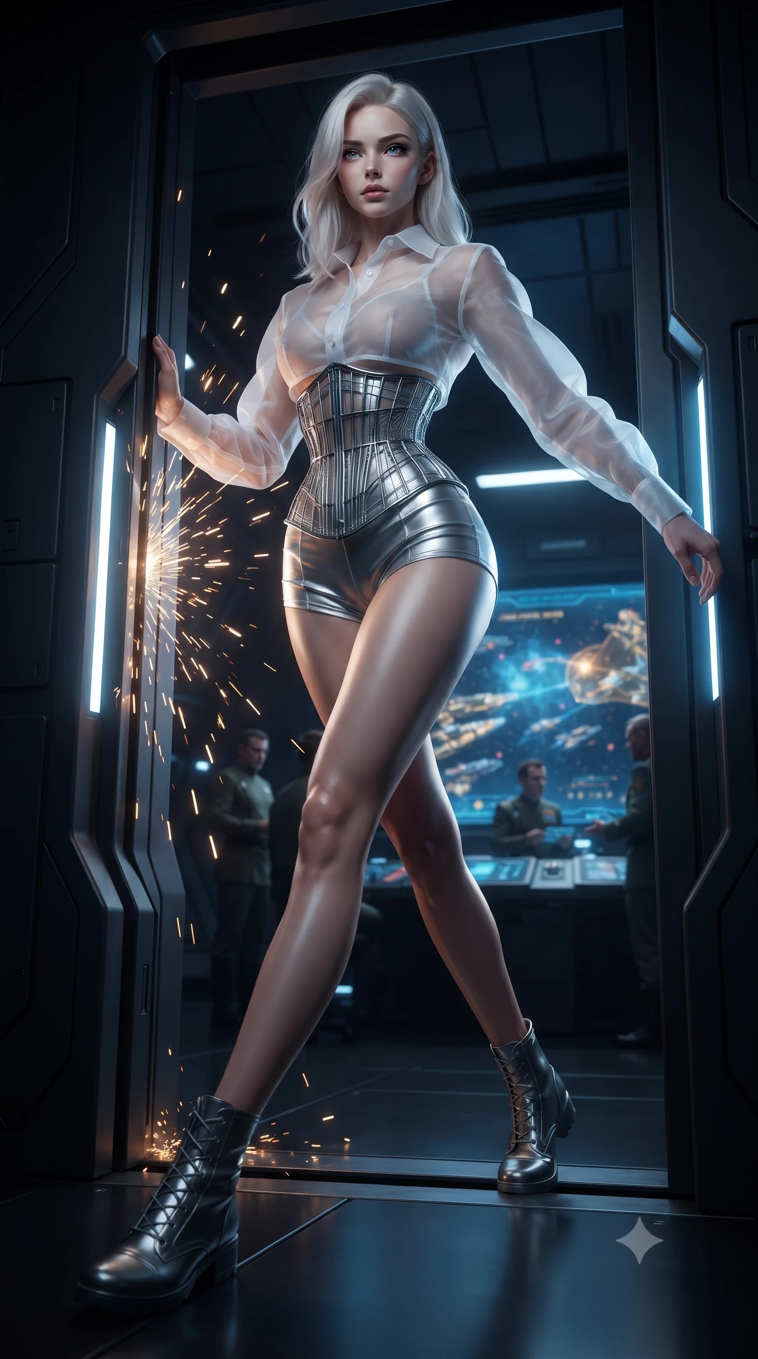score_9, masterpiece, best quality, ultra-detailed, high-budget anime keyframe, editorial fashion photography, tasteful artistic composition, realistic cosplay photography, Caucasian woman, strictly human ears. low angle full-body shot from head to toe showing her feet, filling the entire 9:16 vertical frame with her statuesque presence, stretching her vertical silhouette. sliding underneath a closing blast door in a sleek combat stance with sparks flying around her inside a dark room with a holographic starmap showing battle fleets, military commanders in soft focus. She has a statuesque 8.5-heads proportion, an exceptionally tall, slender and willowy model-like build with impossibly long legs and a highly sculpted ultra-slim waist. sharp v-shaped jawline, high-bridge nose, intricate jewel-like eyes with depth, thick eyelashes, glossy lips with a natural sheen. wearing catching and diffusing the glowing particles, shimmering softly in response to the surrounding light, a tailored sheer white organza crop top revealing her silhouette, paired with a structured wireframe steel corset and silver micro-shorts. soft glowing ambient light with sharp side key light tracing the sleek contours of her figure. ultra-reflective glossy finish, specular highlights, metallic sheen, high-contrast stereoscopic depth, volumetric dynamic lighting, 2k, ultra detail, master piece, 9:16 ratio