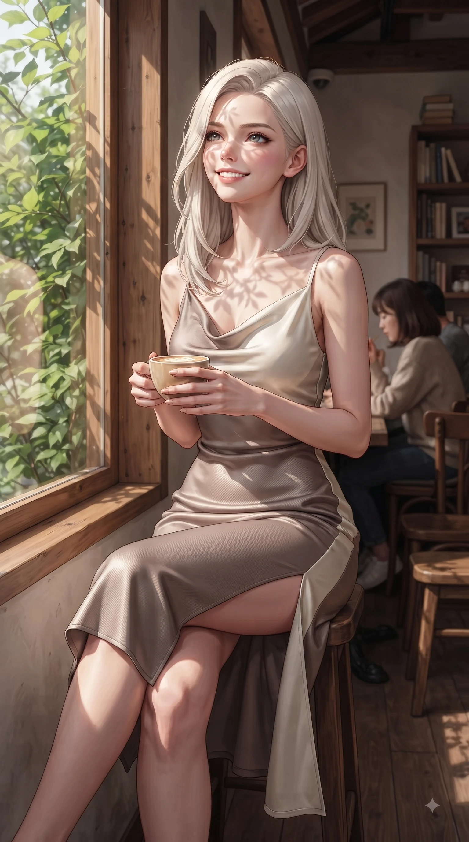 score_9, masterpiece, best quality, ultra-detailed, high-budget anime keyframe, editorial fashion photography, tasteful artistic composition, Caucasian woman. close-up cowboy shot from the waist and thighs up, the character dominates the composition, filling the frame with her large presence, background elements kept in soft focus. Tilting her chin up with a sweet beaming smile of pure delight while balancing dynamically amidst the scene while sitting by a sunlit wooden window inside a cozy Samcheong-dong cafe, holding a warm latte cup, lush green garden leaves outside casting delicate organic stencil shadows across her face. She has an exceptionally elegant, slender, and willowy female figure with an ultra-slim waist, a gracefully sculpted slender torso, and a refined silhouette. sharp v-shaped jawline, high-bridge nose, intricate jewel-like eyes with depth, thick eyelashes, glossy lips with a natural sheen, flawlessly proportioned anatomical accuracy, natural body alignment, perfectly sculpted elegant limbs, clean dynamic posture without body distortion. wearing an elegant cowl-neck satin midi dress with a graceful draped neckline in muted taupe and soft ivory, made of fine carbon-fiber weave and soft matte leather, finished with a sleek side slit ascending to mid-thigh, the glove-like fit emphasizing her statuesque silhouette during motion. surrounded by a cozy, intimate, and relaxing cafe atmosphere. ultra-reflective glossy finish, specular highlights, metallic sheen, high-contrast stereoscopic depth, volumetric dynamic lighting, 2k, ultra detail, master piece, 9:16 ratio