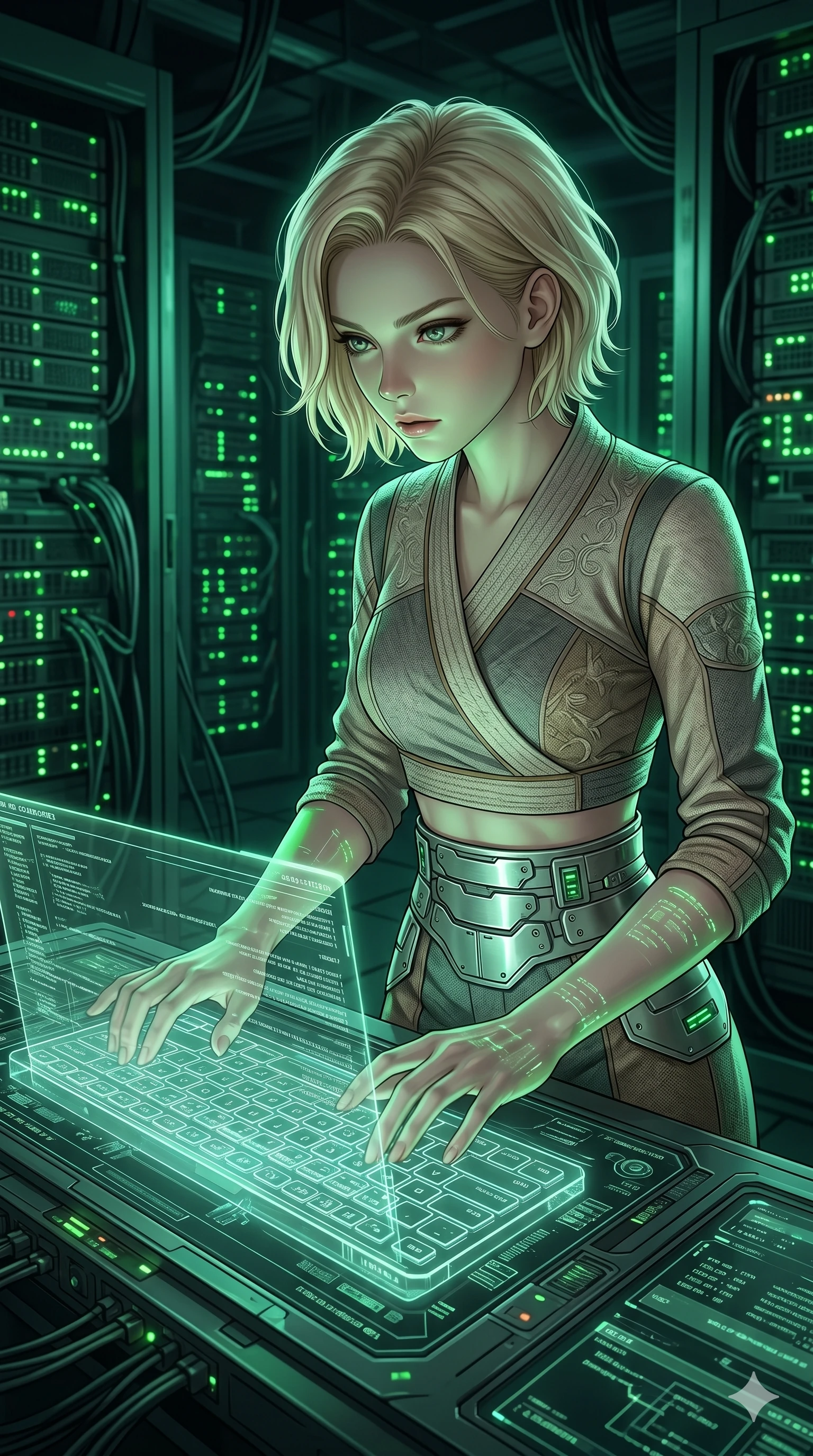 score_9, masterpiece, best quality, ultra-detailed, high-budget anime keyframe, editorial fashion photography, tasteful artistic composition, Caucasian woman, strictly human ears. Upper body close-up from the thighs up, character filling the screen for maximum presence. Leaning over a glowing console in an underground server room, typing on a holographic keyboard with rapid, fluid finger movements. She is wearing a cropped wrap top with delicate textured panels and a high-waisted metallic belt. The scene is bathed in the cool green glow of server racks and flashing status LEDs. 2k, ultra detail, master piece, 9:16 ratio