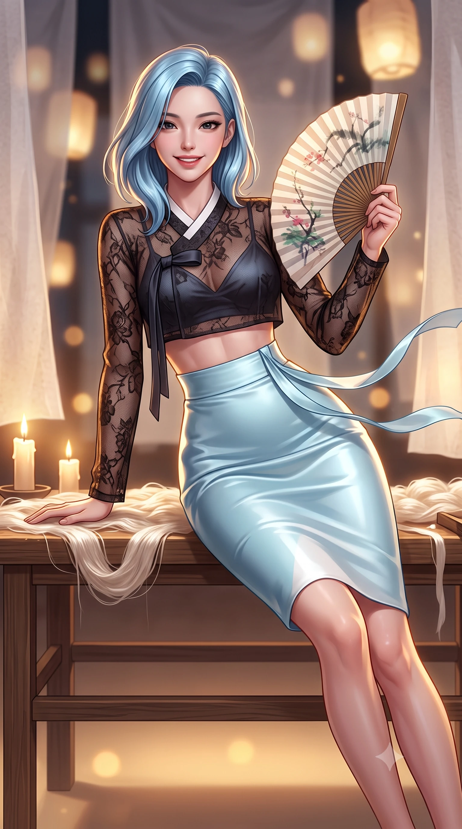 score_9, masterpiece, best quality, ultra-detailed, high-budget anime keyframe, semi-realistic 3D game render, editorial fashion photography, tasteful artistic composition, Korean woman. close-up cowboy shot from the waist and thighs up, the character dominates the composition, filling the frame with her large presence. playfully unfurling a painted silk fan toward the lens, her radiant smile capturing fresh girlhood charm while her arched torso reveals an intoxicating hip contour while lounging gracefully across a low wooden workbench covered in raw silk fibers, her flat midriff and long slender limbs radiant in warm candlelight. The background shows a soft-focus layers of drying translucent white hanji paper screens and floating glowing lanterns blurred into warm ivory, honey, and charcoal bokeh. She has an exceptionally elegant, slender, and willowy female figure with an ultra-slim waist, flat toned midriff, narrow ribcage, and sculpted feminine hips creating an alluring, slim hourglass silhouette without bulk. sharp v-shaped jawline, high-bridge nose, intricate jewel-like dark sparkling almond eyes with depth, thick lashes, glossy parted lips with a natural rose-plum sheen, bright alluring and coquettish smile with bedroom-eyes, exuding both timeless oriental elegance and sovereign high-fashion allure, flawlessly proportioned anatomical accuracy, strict slender model proportions, natural body alignment, perfectly sculpted long slender limbs, ultra-slim waistline, clean dynamic posture without body distortion. wearing a sheer black lace jeogori worn over an opaque dark silk bralette with an ultra-fitted high-waisted pencil skirt in pure celadon porcelain blue and cloud white, crafted from heavy fluid silk satin with a liquid mirror-like sheen, accented with flowing gossamer silk ribbons that flutter dynamically in the evening breeze, the form-fitting tailored bodice adhering flawlessly to her sculpted flat midriff and slender torso, emphasizing her long leg lines and perfectly proportioned willowy build. illuminated by soft floor uplighting and sharp golden-amber rim lighting carving her razor-sharp jawline, narrow waist, and curvy hips. highly saturated vibrant anime colors, detailed shading with soft gradients, rich glossy textures, high-contrast stereoscopic depth, volumetric dynamic lighting, master piece, 9:16 ratio