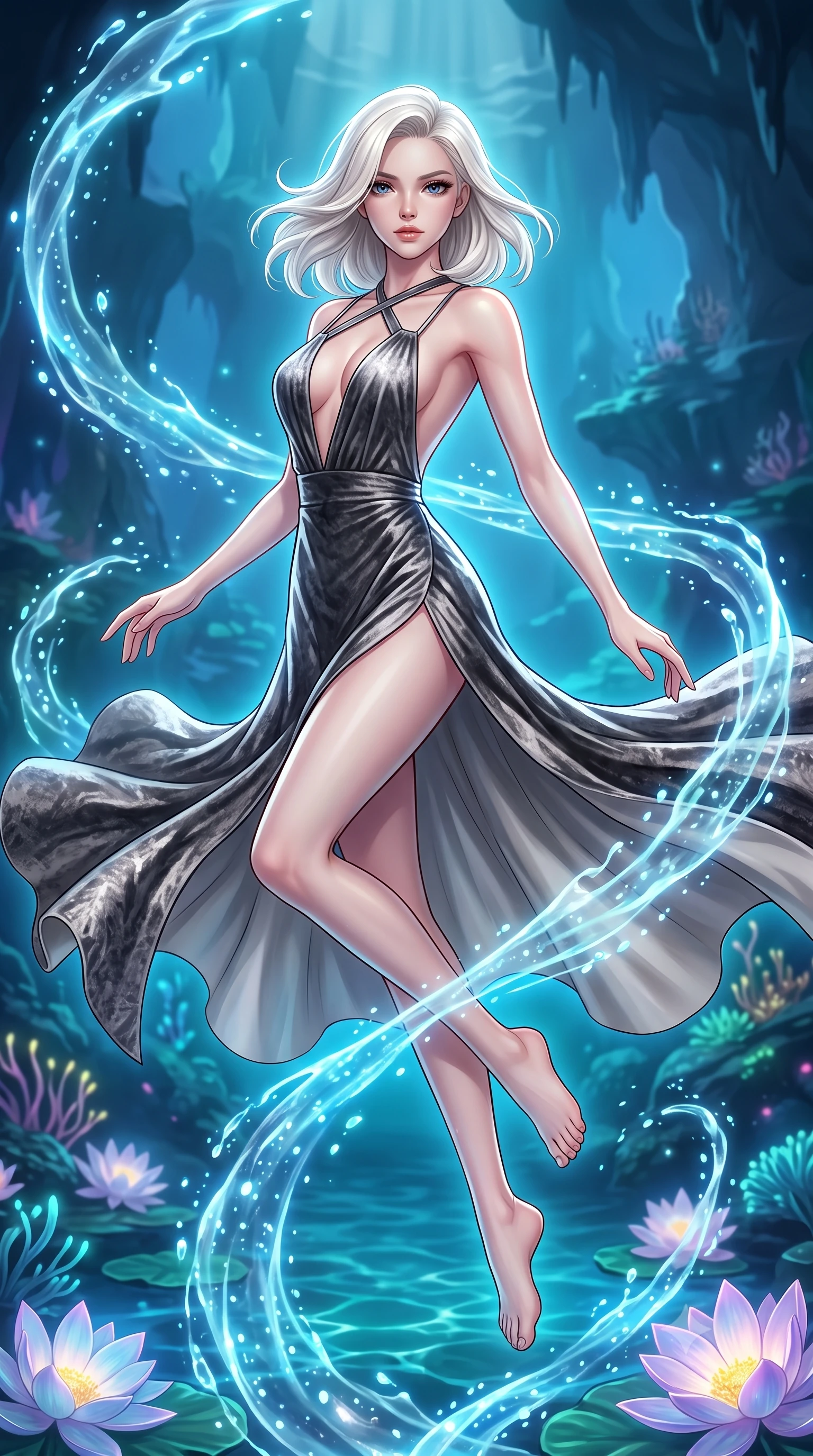 score_9, masterpiece, best quality, ultra-detailed, high-budget anime keyframe, editorial fashion photography, tasteful artistic composition, Caucasian woman. low angle full-body shot from head to toe showing her feet, filling the entire 9:16 vertical frame with her statuesque presence, stretching her vertical silhouette. pivoting dynamically in zero-gravity with fluid body alignment, displaying her perfect model proportions while floating underwater in a dynamic mid-air spin over a glowing lotus reef in a subterranean lagoon, fluorescent water currents swirling smoothly around her slender limbs. She has an absolutely perfect, statuesque 8.5-heads proportion, an exceptionally tall and slender model-like female figure with impossibly long slender legs and an ultra-slim waist. sharp v-shaped jawline, high-bridge nose, intricate jewel-like eyes with depth, thick eyelashes, glossy lips with a natural sheen, flawlessly proportioned anatomical accuracy, natural body alignment, perfectly sculpted elegant limbs, clean dynamic posture without body distortion. wearing a backless crushed velvet gown with a deep V-neckline and high thigh slit in charcoal grey and platinum, crafted from smooth liquid silk, complemented by criss-cross back straps highlighting her bare shoulders, the elegant draped fit framing her graceful clavicle and slender torso. surrounded by a shimmering ocean aura with bright specular rim lights. highly saturated vibrant anime colors, detailed shading with soft gradients, rich glossy textures, high-contrast stereoscopic depth, volumetric dynamic lighting, master piece, 9:16 ratio