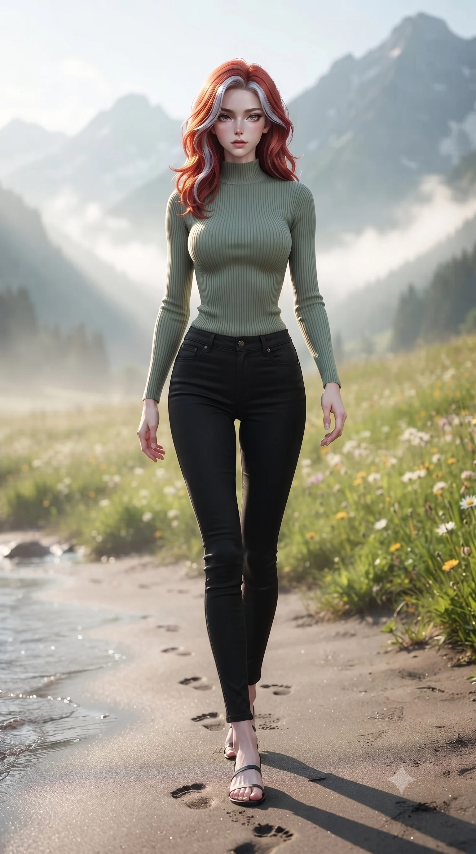 score_9, masterpiece, best quality, ultra-detailed, high-budget anime keyframe, editorial fashion photography, tasteful artistic composition, Caucasian woman woman. low angle full-body shot from head to toe showing her feet, filling the entire 9:16 vertical frame with her statuesque presence, stretching her vertical silhouette. walking slowly along the shoreline, leaving footprints in the wet sand the background shows a soft-focus a grassy field of alpine flowers with majestic mist-shrouded mountains in the background. She has an absolutely perfect, statuesque 8.5-heads proportion, an exceptionally tall and slender model-like female figure with impossibly long slender legs and an ultra-slim waist. sharp v-shaped jawline, high-bridge nose, intricate jewel-like eyes with depth, thick eyelashes, glossy lips with a natural sheen. wearing a tailored tight-fitting ribbed mock-neck top in sage green paired with black skinny pants. soft morning sunrays breaking through the valley fog. ultra-reflective glossy finish, specular highlights, metallic sheen, high-contrast stereoscopic depth, volumetric dynamic lighting, 2k, ultra detail, master piece, 9:16 ratio