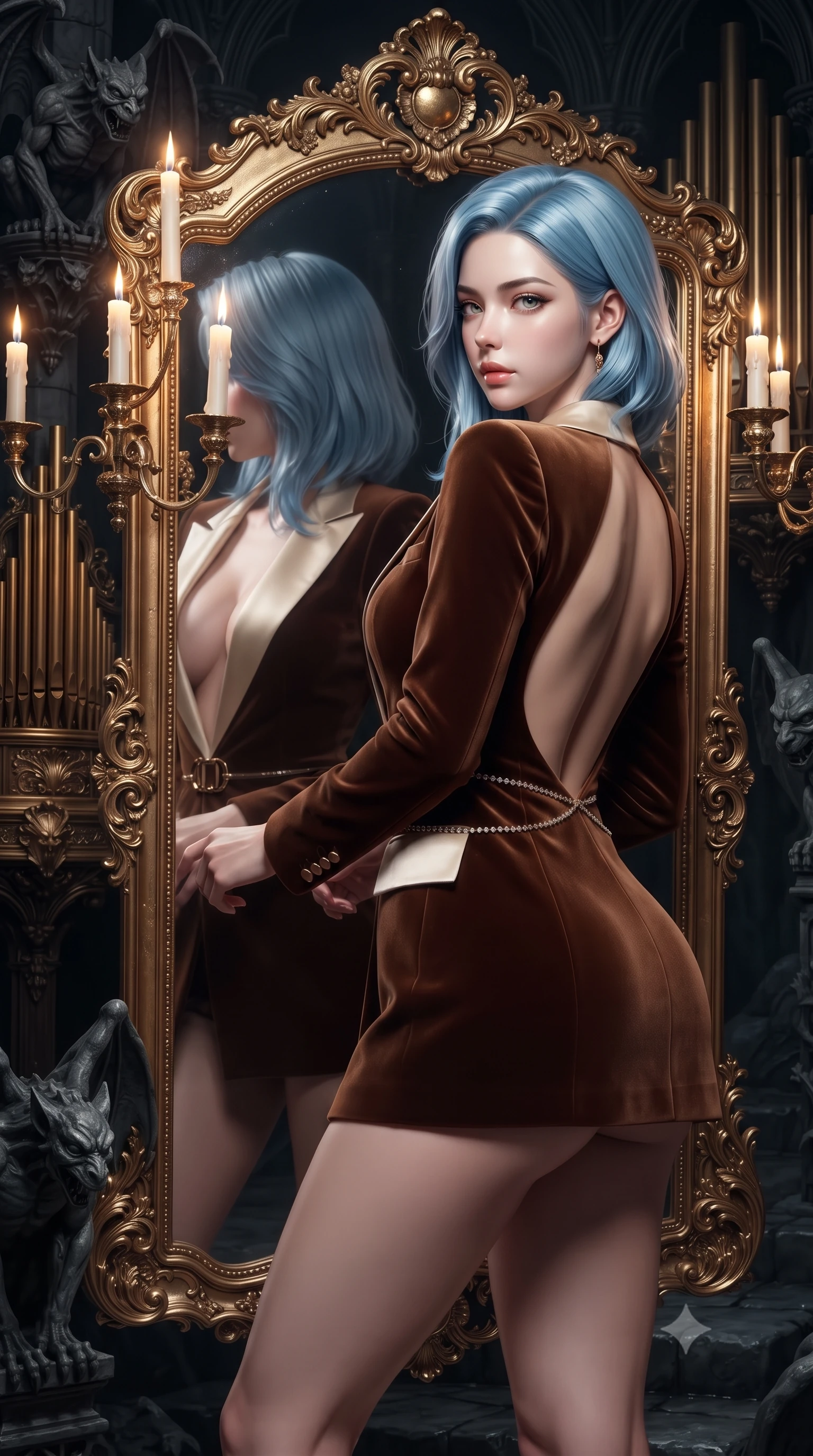 score_9, masterpiece, best quality, ultra-detailed, high-budget anime keyframe, editorial fashion photography, tasteful artistic composition, Korean woman. close-up cowboy shot from the waist and thighs up, the character dominates the composition, filling the frame with her large presence. twisting her slender torso in a deep contrapposto stance, hips dramatically shifted to accentuate her feminine curves while looking past her shoulder with smoldering bedroom-eyes while leaning against an ornate gilded floor mirror surrounded by floating candelabras, looking over her shoulder at her own reflection with parted glossy lips. The surrounding environment is rendered in vivid detail and crisp panoramic clarity. sharp carved gothic gargoyle textures, gilded organ pipe polish, and wet cavern flagstones in deep focus. She has an exceptionally elegant, slender, and willowy female figure with an ultra-slim waist, flat toned midriff, narrow ribcage, and sculpted feminine hips creating an alluring, slim hourglass silhouette without bulk. sharp v-shaped jawline, high-bridge nose, intricate jewel-like eyes with depth, thick eyelashes, glossy parted lips with a natural sheen, intensely captivating and seductive bedroom-eyes expression, flawlessly proportioned anatomical accuracy, strict slender model proportions, natural body alignment, perfectly sculpted long slender limbs, ultra-slim waistline, clean dynamic posture without body distortion. wearing a tailored velvet tuxedo jacket dress with satin lapels, worn with a deep plunge neckline and gold hip buckle in rich equestrian cognac brown and crisp champagne cream, tailored from water-resistant treated wool gabardine and flexible stretch silk, accented with a dainty diamond waist chain catching the ambient light reflections, the dramatically scooped open back descending to the base of her spine, accentuating her razor-sharp statuesque lines and slim hourglass silhouette. surrounded by an immortal, seductive, and dangerously mesmerizing underground opera queen aura. ultra-reflective glossy finish, specular highlights, rich textural contrasts, high-contrast stereoscopic depth, volumetric dynamic lighting, 2k, ultra detail, master piece, 9:16 ratio