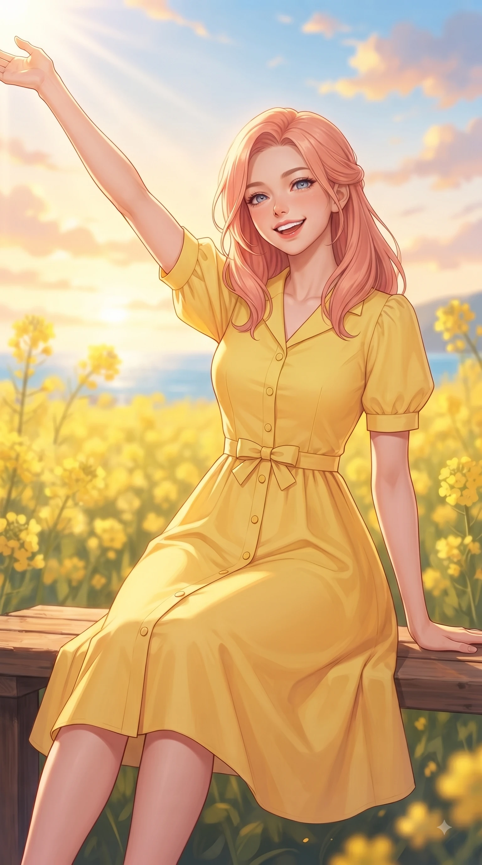 score_9, masterpiece, best quality, ultra-detailed, high-budget anime keyframe, editorial fashion photography, tasteful artistic composition, Japanese woman. close-up cowboy shot from the waist and thighs up, the character dominates the composition, filling the frame with her large presence. Extending one arm in an elegant stretch toward the light while smiling with vibrant, youthful self-assurance while sitting playfully on a wooden bench surrounded by yellow canola flower fields with a radiant beaming smile. The composition keeps background elements in soft focus with dreamy bokeh. yellow canola fields and clear coastal blue skies softened with a gentle dreamy background blur. She has an exceptionally elegant, slender, and willowy female figure with an ultra-slim waist, a gracefully sculpted slender torso, and a refined silhouette. sharp v-shaped jawline, high-bridge nose, intricate jewel-like eyes with depth, thick eyelashes, glossy lips with a natural sheen, flawlessly proportioned anatomical accuracy, natural body alignment, perfectly sculpted elegant limbs, clean dynamic posture without body distortion. wearing a cheerful daffodil-yellow button-front midi dress with short puff sleeves in warm apricot and sage green, tailored from crisp cotton poplin, accented with a dainty waist ribbon bow, the tailored casual silhouette highlighting her fresh and youthful presence. illuminated by a glorious golden hour sunburst painting the clouds in joyful peach and amber. ultra-reflective glossy finish, specular highlights, metallic sheen, high-contrast stereoscopic depth, volumetric dynamic lighting, 2k, ultra detail, master piece, 9:16 ratio