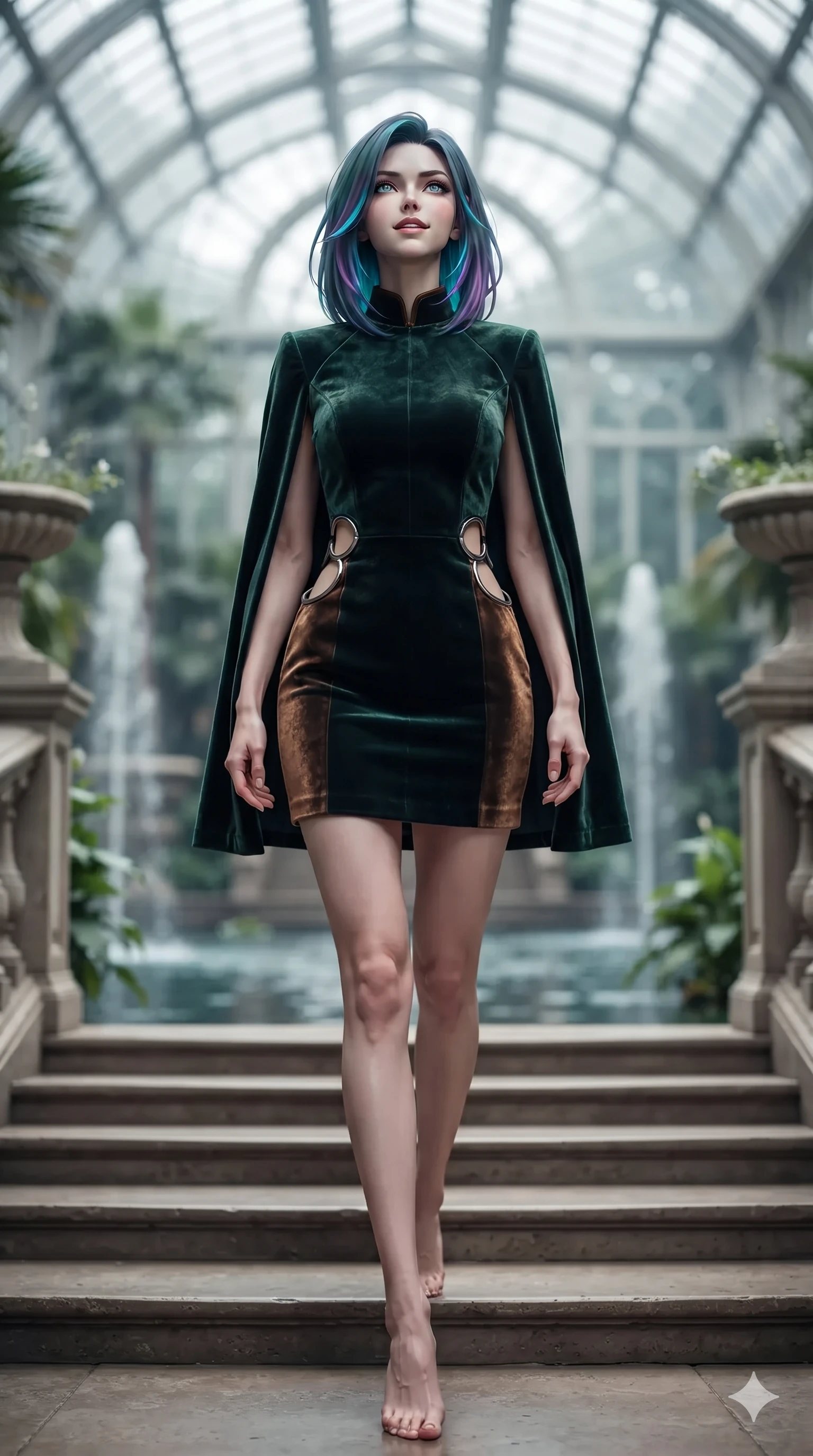 score_9, masterpiece, best quality, ultra-detailed, high-budget anime keyframe, editorial fashion photography, tasteful artistic composition, Caucasian woman. low angle full-body shot from head to toe showing her feet, filling the entire 9:16 vertical frame with her statuesque presence, stretching her vertical silhouette. sitting poised on the stone steps with one knee bent, arching her spine with supermodel elegance as she glances upward through thick eyelashes while walking slowly down the bridge steps with feline poise, her long slender legs and curvy hourglass hips commanding the grand water conservatory. The background shows a soft-focus monumental royal water garden glasshouse softened in architectural shallow focus. She has an absolutely perfect, statuesque 8.5-heads proportion, an exceptionally tall and slender model-like female figure with impossibly long slender legs, an ultra-slim waist, a flat toned midriff, narrow delicate ribcage, and beautifully sculpted feminine hips creating a graceful, slim hourglass silhouette without any bulky heaviness. sharp v-shaped jawline, high-bridge nose, sparkling eyes with hypnotic seductive depth, thick curled eyelashes, glossy parted lips with a natural dewy peach sheen, alluring bedroom-eyes with an enchanting coquettish smile, exuding magnetic siren charisma and sophisticated glamour, flawlessly proportioned anatomical accuracy, strict slender model proportions, natural body alignment, perfectly sculpted long slender limbs, ultra-slim waistline, clean dynamic posture without body distortion. wearing a tailored double-faced cashmere cape dress with structured mandarin collar in deep forest emerald and antique burnished bronze, tailored from crushed dark velvet with deep light-absorbing plush texture, accented with sculptural chrome hardware rings framing the subtle cutouts, the bespoke structured tailoring following the natural line of her 8.5-heads silhouette with refined elegance. illuminated by canal water surface bounce and sharp platinum-gold rim lights defining her razor-sharp jawline, narrow waist, and curvy hips. ultra-reflective glossy finish, specular highlights, rich textural contrasts, high-contrast stereoscopic depth, volumetric dynamic lighting, 2k, ultra detail, master piece, 9:16 ratio