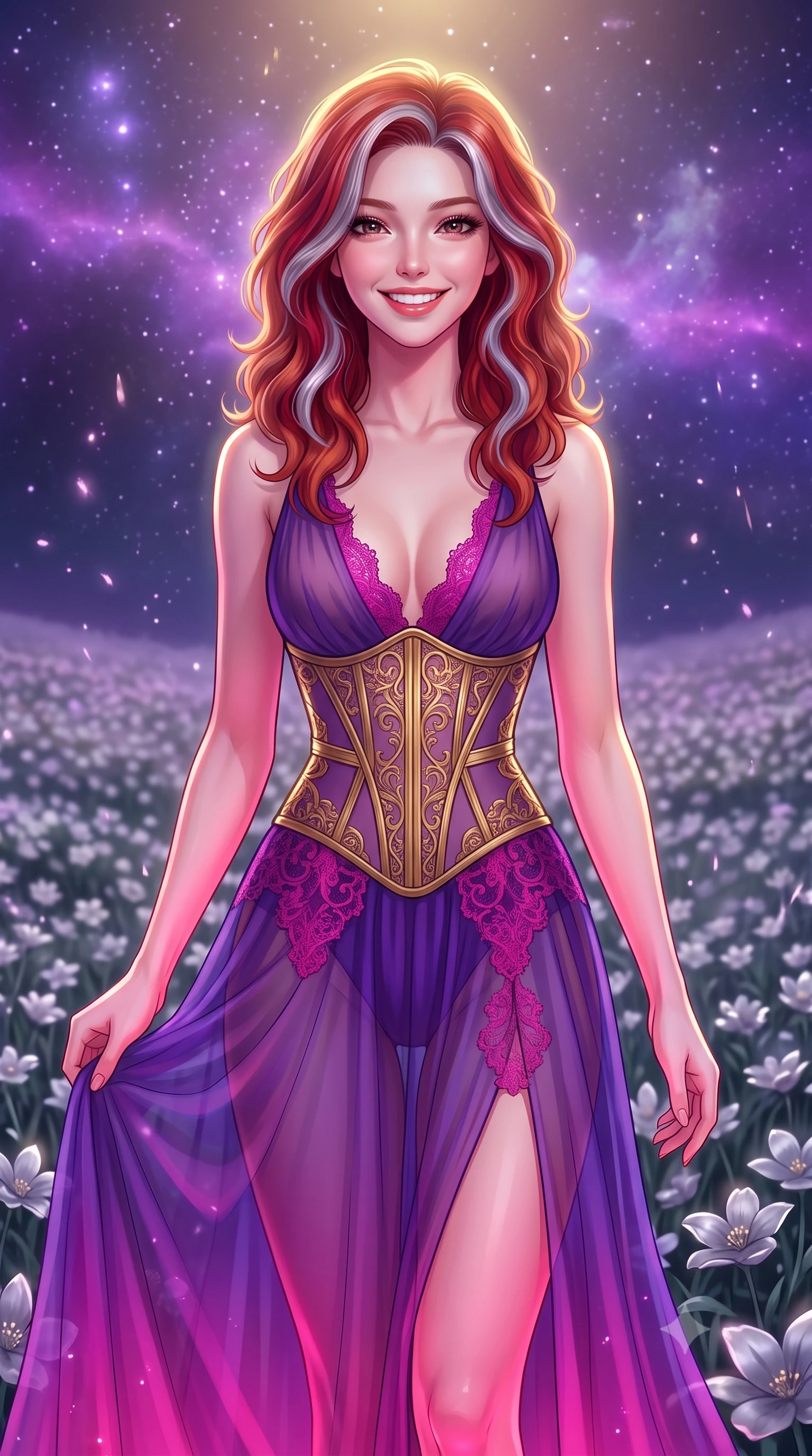 score_9, masterpiece, best quality, ultra-detailed, high-budget anime keyframe, editorial fashion photography, tasteful artistic composition, Caucasian woman, strictly human ears. close-up cowboy shot from the waist and thighs up, the character dominates the composition, filling the frame with her large presence, background elements kept in soft focus. Beaming with a wide, friendly smile that lights up her entire face. set against a soft-focus background of in an endless field of silver flowers swaying in the night breeze under a sky filled with glowing violet nebulae and falling stardust. She has an exceptionally elegant, slender, and willowy female figure with a highly-defined ultra-slim waist, a gracefully sculpted slender torso, and a refined slim-fit silhouette that contours her form. sharp v-shaped jawline, high-bridge nose, intricate jewel-like eyes with depth, thick eyelashes, glossy lips with a natural sheen. wearing a floor-length sheer gown in royal purple, featuring strategic fuchsia lace placement and a gold corset. dramatic contrast of hot pink furnace glow from below and cool golden light from above. 2k, ultra detail, master piece, 9:16 ratio