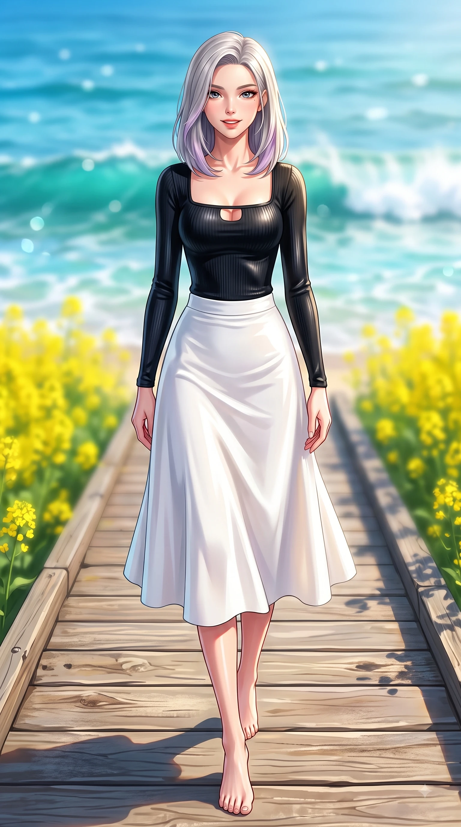 score_9, masterpiece, best quality, ultra-detailed, high-budget anime keyframe, editorial fashion photography, tasteful artistic composition, Caucasian woman. low angle full-body shot from head to toe showing her feet, filling the entire 9:16 vertical frame with her statuesque presence, stretching her vertical silhouette. stepping forward gracefully in mid-motion with a delighted cute expression, displaying her statuesque model proportions while walking cheerfully along a seaside wooden boardwalk overlooking a turquoise ocean. The composition keeps background elements in soft focus with dreamy bokeh. crystal-clear turquoise sea waves and yellow canola fields blurred into dreamy ocean bokeh. She has an absolutely perfect, statuesque 8.5-heads proportion, an exceptionally tall and slender model-like female figure with impossibly long slender legs and an ultra-slim waist. sharp v-shaped jawline, high-bridge nose, intricate jewel-like eyes with depth, thick eyelashes, glossy lips with a natural sheen, flawlessly proportioned anatomical accuracy, natural body alignment, perfectly sculpted elegant limbs, clean dynamic posture without body distortion. wearing a chic square-neck ribbed top paired with a flowing A-line midi skirt in sleek jet black and pure white contrast, made of lustrous stretch velvet, accented with a Tasteful chest slit framing her clavicle gracefully, the glove-like fit emphasizing her statuesque silhouette during motion. bathed in bright tropical sunshine and glittering ocean water refractions. highly saturated vibrant anime colors, detailed shading with soft gradients, rich glossy textures, high-contrast stereoscopic depth, volumetric dynamic lighting, master piece, 9:16 ratio