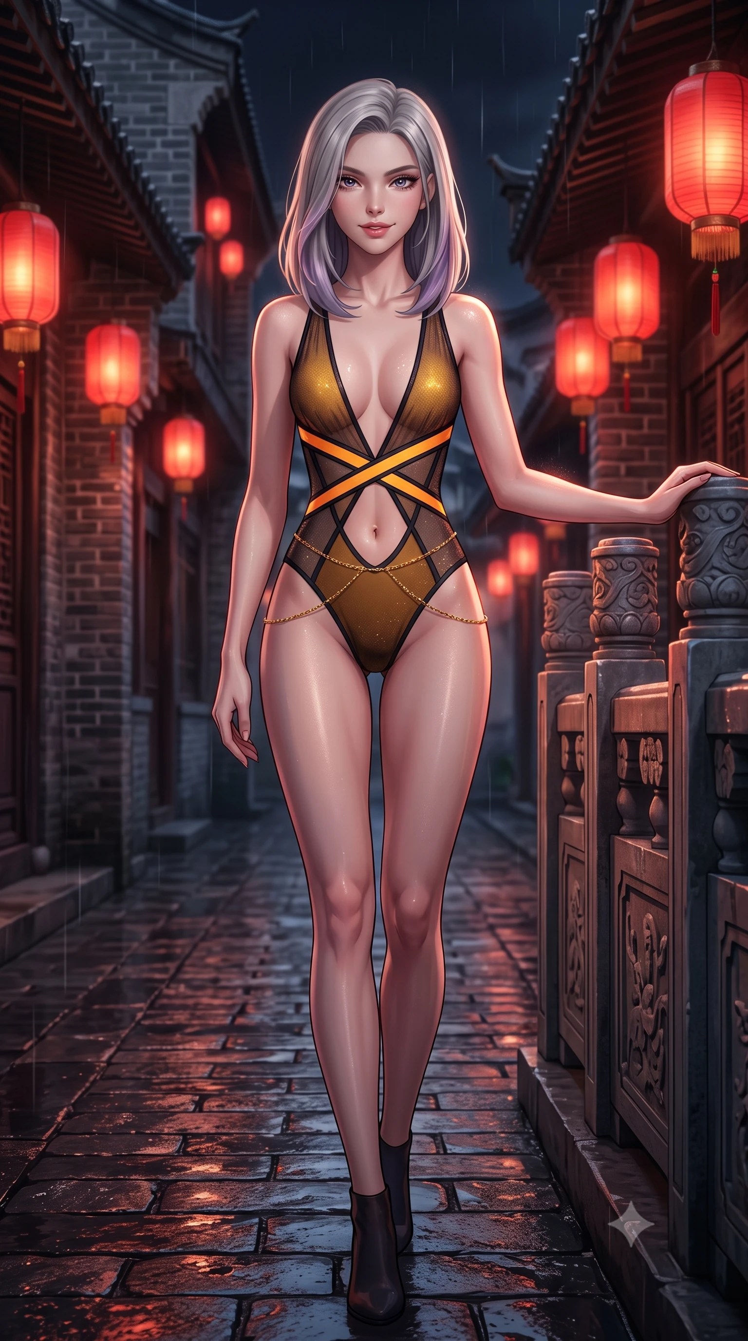 score_9, masterpiece, best quality, ultra-detailed, high-budget anime keyframe, semi-realistic 3D game render, editorial fashion photography, tasteful artistic composition, Caucasian woman. low angle full-body shot from head to toe showing her feet, filling the entire 9:16 vertical frame with her statuesque presence, stretching her vertical silhouette. stepping forward in a confident stride, her long slender legs and curvaceous hips creating a dynamic, sweeping vertical line while leaning against the carved stone balustrade with hips cocked back, looking down at cobblestone alleyways with smoldering bedroom-eyes. The background shows a soft-focus red silk lanterns casting crimson glows on historic grey and red brickwork, wet cobblestone reflections, and dark tiled eaves blurred into vermilion, amber, and charcoal bokeh. She has an exceptionally tall and slender model-like 8.5-heads proportion, an ultra-slim waist, a flat toned midriff, narrow delicate ribcage, and beautifully sculpted feminine hips creating a graceful, slim hourglass silhouette without any bulky heaviness, with impossibly long slender legs. sharp v-shaped jawline, high-bridge nose, intricate jewel-like sparkling eyes with depth, thick eyelashes, glossy parted lips with a natural peach sheen, bright cheerful beaming smile with an enchanting and coquettish sensual glint, exuding both youthful cute charm and seductive allure, flawlessly proportioned anatomical accuracy, strict slender model proportions, natural body alignment, perfectly sculpted long slender limbs, ultra-slim waistline, clean dynamic posture without body distortion. wearing a provocative plunging sheer micro-mesh leotard with criss-cross neon strap details across her flat midriff in Hakone steaming sulfur amber and volcanic basalt black, woven from stretch metallic lurex jersey casting radiant starlight glints across her curves, accented with a dainty gold belly chain resting across her flat midriff and curving hips, the glove-like clinging cut tightly following the natural contour of her hips and long slender legs with youthful 8.5-heads elegance. bathed in the romantic red-and-gold 2200K glow of hanging silk lanterns contrasted with deep midnight rain ambient. highly saturated vibrant anime colors, detailed shading with soft gradients, rich glossy textures, high-contrast stereoscopic depth, volumetric dynamic lighting, master piece, 9:16 ratio