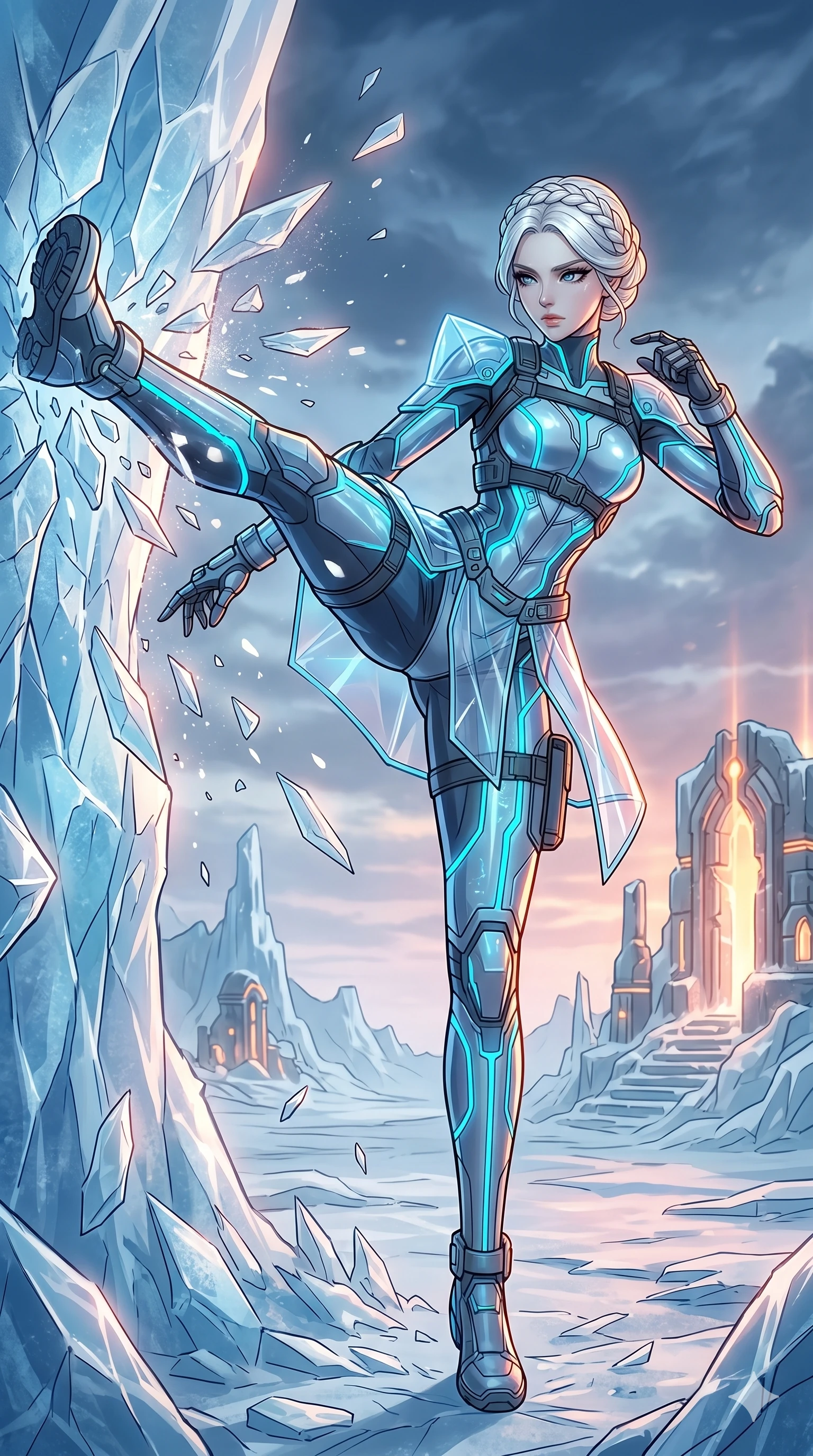 score_9, masterpiece, best quality, ultra-detailed, high-budget anime movie keyframe, cinematic anime lighting, intricate line art, Korean woman. Low angle cowboy shot capturing a powerful motion and statuesque presence. shattering a wall of ice with a powerful kick in a frozen wasteland. She has an absolutely perfect 8-heads proportion, an exceptionally tall and slender female figure with an ultra-slim waist and impossibly long slender legs. strictly human anatomy, two legs only, no extra limbs, clearly defined legs and arms, perfect anatomy, perfect hands and fingers. sharp v-shaped jawline, high-bridge nose, intricate jewel-like eyes, thick eyelashes, glossy lips. Wearing Tech-Fantasy: Cybernetic tech-suit with glowing seams, translucent PVC over leotard, and modular tactical gear. The scene is illuminated by dramatic atmospheric lighting and vibrant color palettes. , 2k, ultra detail, master piece, 9:16 ratio