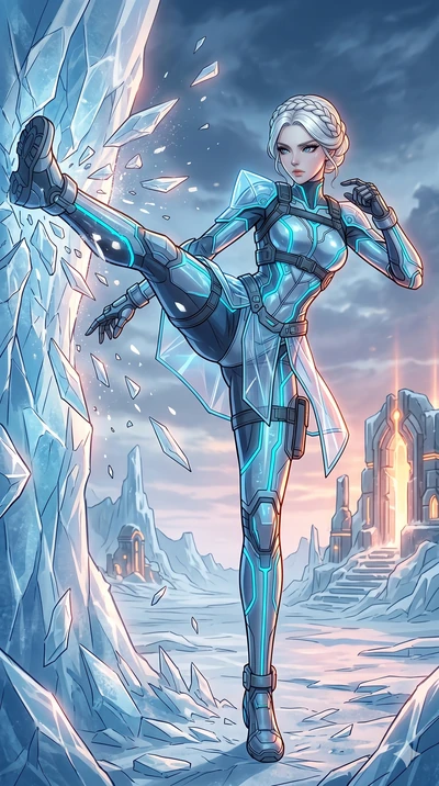 score_9, masterpiece, best quality, ultra-detailed, high-budget anime movie keyframe, cinematic anime lighting, intricate line art, Korean woman. Low angle cowboy shot capturing a powerful motion and statuesque presence. shattering a wall of ice with