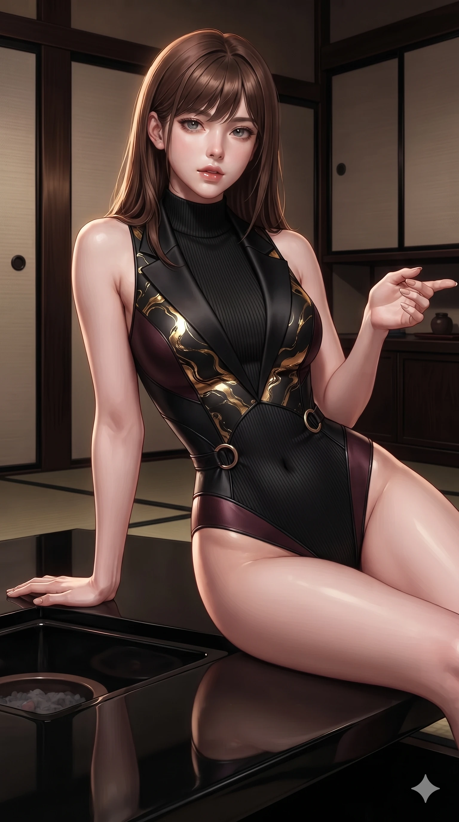 score_9, masterpiece, best quality, ultra-detailed, high-budget anime keyframe, editorial fashion photography, tasteful artistic composition, Korean woman. close-up cowboy shot from the waist and thighs up, the character dominates the composition, filling the frame with her large presence. reaching one hand toward the viewer with relaxed dark elegance, her sculpted waistline catching specular highlights while perched gracefully on the edge of the sunken black lacquer tea hearth, propped on one elbow with parted glossy lips. The surrounding environment is rendered in vivid detail and crisp panoramic clarity: detailed tailored onyx tux dress drape, fine silk lapel texture, and Japanese minimalist joinery in razor-sharp precision. She has an exceptionally elegant, slender, and willowy female figure with an ultra-slim waist, flat toned midriff, narrow ribcage, and sculpted feminine hips creating an alluring, slim hourglass silhouette without bulk. sharp v-shaped jawline, high-bridge nose, intricate jewel-like dark sparkling eyes with hypnotic seductive depth, thick curled eyelashes, glossy parted lips with a natural wine sheen, alluring bedroom-eyes with an enigmatic smoldering smile, exuding magnetic sovereign charisma and dark avant-garde glamour, flawlessly proportioned anatomical accuracy, strict slender model proportions, natural body alignment, perfectly sculpted long slender limbs, ultra-slim waistline, clean dynamic posture without body distortion. wearing a sleek high-neck ribbed activewear bodysuit in matte black in deep wine burgundy and lustrous gold foil, made of liquid dark mercury jersey with seamless sculpting hold and fluid drape, trimmed with dark chrome ring hardware along the waist contours, the glove-like silhouette tightly following the natural contour of her hips and long slender legs with youthful 8.5-heads elegance. illuminated by black lacquer table surface bounce and sharp warm-gold rim lights sculpting her razor-sharp jawline, narrow waist, and curvy hips. ultra-reflective glossy finish, specular highlights, metallic sheen, high-contrast stereoscopic depth, volumetric dynamic lighting, 2k, ultra detail, master piece, 9:16 ratio