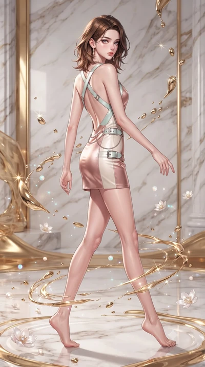score_9, masterpiece, best quality, ultra-detailed, high-budget anime keyframe, editorial fashion photography, tasteful artistic composition, Korean woman. low angle full-body shot from head to toe showing her feet, filling the entire 9:16 vertical f