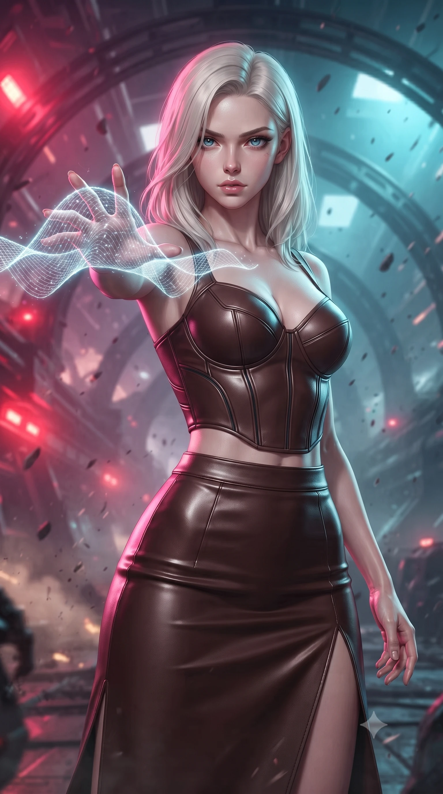 score_9, masterpiece, best quality, ultra-detailed, high-budget anime keyframe, editorial fashion photography, tasteful artistic composition, realistic cosplay photography, Caucasian woman, strictly human ears. close-up cowboy shot from the waist and thighs up, the character dominates the composition, filling the frame with her large presence, background elements kept in soft focus. Casting a digital tracking wave with an outstretched hand, her gaze locked on the escaping target. set against a soft-focus background of inside a orbital fortress under bombardment, metal arches shaking and dust falling as red warning sirens flash. She has an exceptionally elegant and slender, willowy female figure with an ultra-slim waist, a gracefully sculpted slender torso, and a refined slim physique. sharp v-shaped jawline, high-bridge nose, intricate jewel-like eyes with depth, thick eyelashes, glossy lips with a natural sheen. wearing tailored for maximum mobility, sleek form-contouring panels that allow fluid movement, a tailored fitted bustier top in dark chocolate brown leather, paired with a matching high-waisted midi skirt with a high side slit. dual-tone lighting with hot magenta from the left and cool cyan from the right. ultra-reflective glossy finish, specular highlights, metallic sheen, high-contrast stereoscopic depth, volumetric dynamic lighting, 2k, ultra detail, master piece, 9:16 ratio