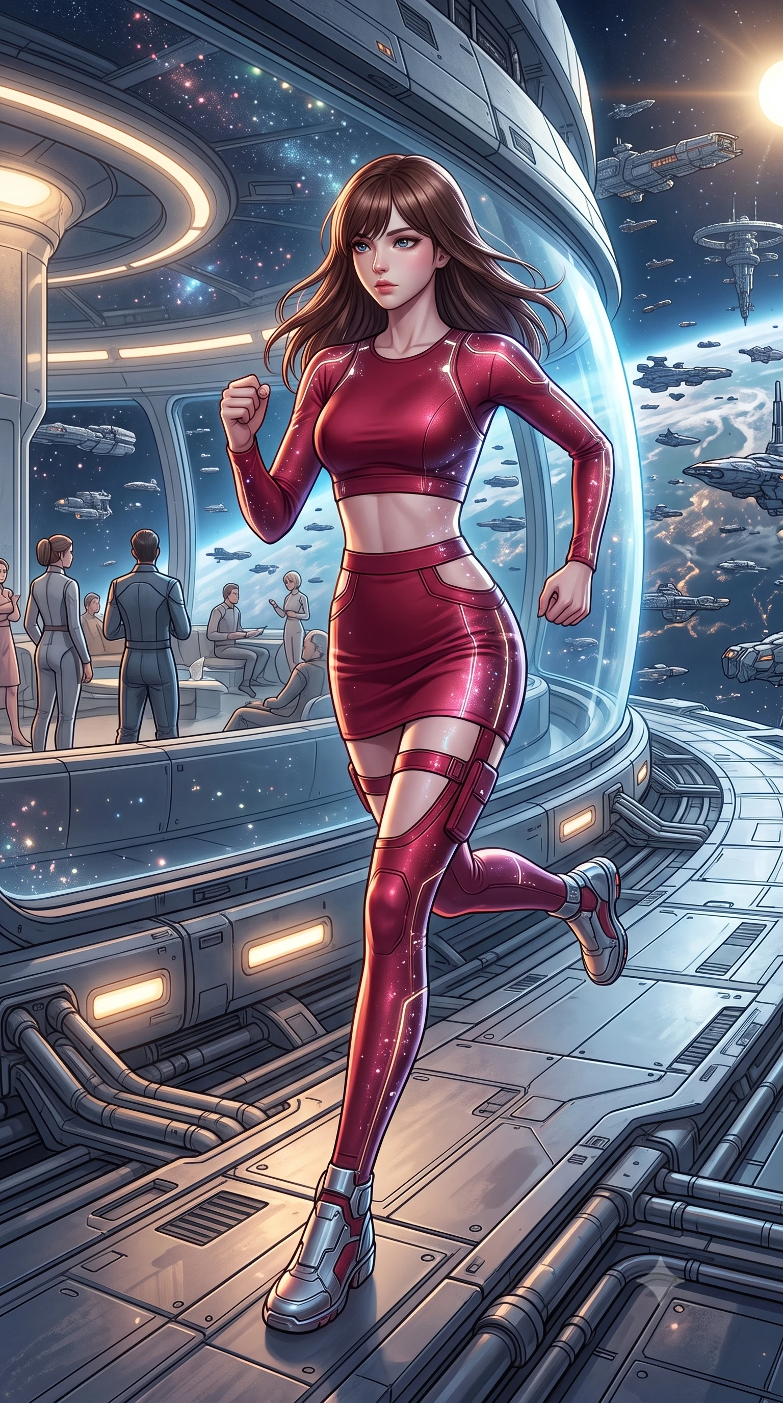 score_9, masterpiece, best quality, ultra-detailed, high-budget anime keyframe, editorial fashion photography, tasteful artistic composition, Korean woman. low angle full-body shot from head to toe showing her feet, filling the entire 9:16 vertical frame with her statuesque presence, stretching her vertical silhouette. running along the outer hull of a giant starship in zero gravity, magnetic boots clinging to a luxury observation lounge on a cruiser, a large window revealing a fleet of hundreds of ships assembling in orbit. She has a statuesque 8.5-heads proportion, an exceptionally tall, slender and willowy model-like build with impossibly long legs and a highly sculpted ultra-slim waist. sharp v-shaped jawline, high-bridge nose, intricate jewel-like eyes with depth, thick eyelashes, glossy lips with a natural sheen. wearing catching and diffusing the glowing particles, shimmering softly in response to the surrounding light, a body-hugging matte crimson crop top paired with a matching high-waist mini skirt featuring side waist cutouts and thigh straps. highly saturated vibrant anime colors, intense vivid color palette, soft 3D volumetric shading, volumetric dynamic lighting, soft glowing ambient light with sharp side key light tracing the sleek contours of her figure. 2k, ultra detail, master piece, 9:16 ratio