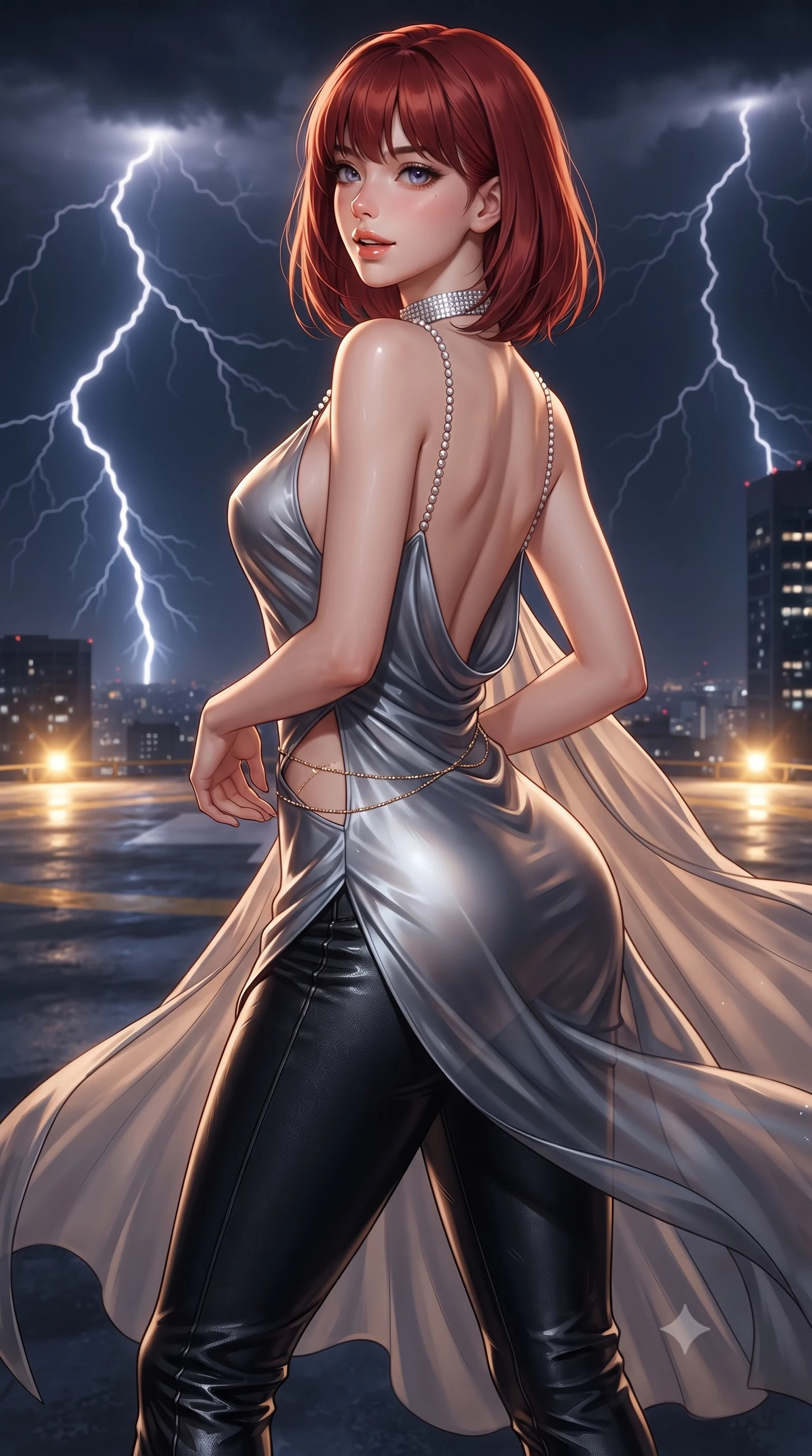 score_9, masterpiece, best quality, ultra-detailed, high-budget anime keyframe, editorial fashion photography, tasteful artistic composition, Caucasian woman. close-up cowboy shot from the waist and thighs up, the character dominates the composition, filling the frame with her large presence. posing in an alluring rear three-quarter angle, looking over a bare shoulder with parted glossy lips, her hips cocked back to highlight her slim hourglass curve while twisting her slender torso in an alluring S-curve, tropical night storm winds billowing her sheer cape around her long slender legs and curvy hips. The surrounding environment is rendered in vivid detail and crisp panoramic clarity: detailed wet-look leatherette jumpsuit cling, diamond choker shine, and high-rise structural engineering in high resolution. She has an exceptionally elegant, slender, and willowy female figure with an ultra-slim waist, flat toned midriff, narrow ribcage, and sculpted feminine hips creating an alluring, slim hourglass silhouette without bulk. sharp v-shaped jawline, high-bridge nose, sparkling eyes with hypnotic seductive depth, thick curled eyelashes, glossy parted lips with a natural dewy peach sheen, alluring bedroom-eyes with an enchanting coquettish smile, exuding magnetic siren charisma and sophisticated glamour, flawlessly proportioned anatomical accuracy, strict slender model proportions, natural body alignment, perfectly sculpted long slender limbs, ultra-slim waistline, clean dynamic posture without body distortion. wearing a low-cut draped cowl-back satin slip mini dress with dainty pearl spaghetti straps and hip-hugging cut in molten liquid platinum and midnight charcoal with sapphire reflections, made of semi-opaque stretch illusion mesh with soft shadowy contours, accented with a dainty gold belly chain resting across her flat midriff and curving hips, the precision-cut side openings and low-back scoop framing her graceful spine and the sensual sweep of her slim, toned hips. bathed in golden helipad perimeter beacon lights combined with sudden lightning flash strobes. ultra-reflective glossy finish, specular highlights, rich textural contrasts, high-contrast stereoscopic depth, volumetric dynamic lighting, 2k, ultra detail, master piece, 9:16 ratio