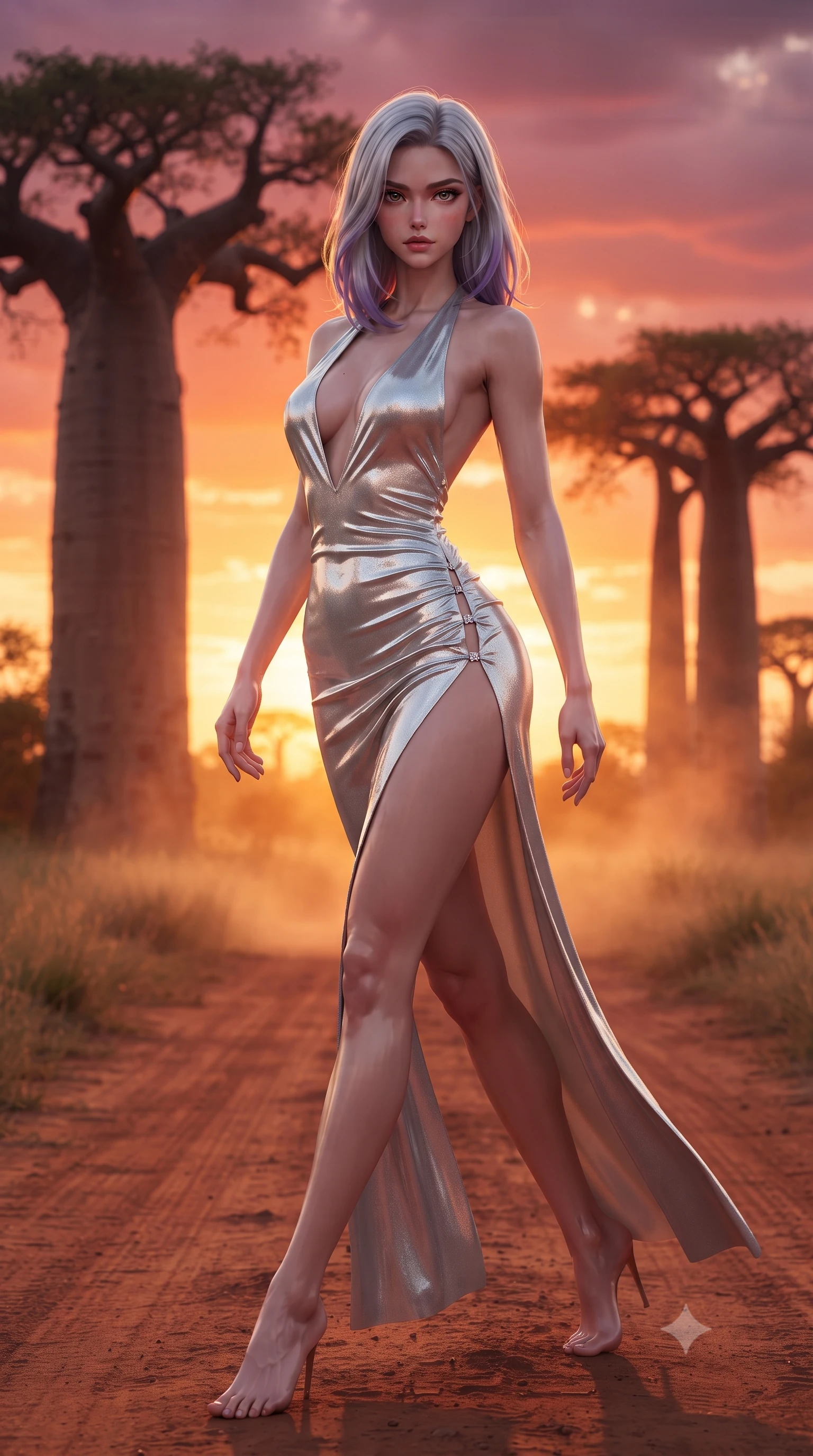 score_9, masterpiece, best quality, ultra-detailed, high-budget anime keyframe, editorial fashion photography, tasteful artistic composition, Caucasian woman. low angle full-body shot from head to toe showing her feet, filling the entire 9:16 vertical frame with her statuesque presence, stretching her vertical silhouette. reclining on her side in an elegant Cleopatra pose with one knee drawn up, the dramatic contour of her rounded hips and long slender legs commanding the 9:16 vertical frame while walking gracefully down the red-earth dirt road between colossal ancient baobab trees, arching her back as the burning African sunset silhouettes their crowns. The composition keeps background elements in soft focus with creamy bokeh. distant African savanna grasses and rising dust veils softened in mystical safari shallow focus. She has an exceptionally tall and slender model-like 8.5-heads proportion, an ultra-slim waist, a flat toned midriff, narrow delicate ribcage, and beautifully sculpted feminine hips creating a graceful, slim hourglass silhouette without any bulky heaviness, with impossibly long slender legs. sharp v-shaped jawline, high-bridge nose, intricate jewel-like eyes with depth, thick eyelashes, glossy parted lips with a natural sheen, intensely captivating and seductive bedroom-eyes expression, flawlessly proportioned anatomical accuracy, strict slender model proportions, natural body alignment, perfectly sculpted long slender limbs, ultra-slim waistline, clean dynamic posture without body distortion. wearing a plunging halter-neck metallic lamé column dress with a dramatic bare spine and hip-defining ruching in shimmering silver mercury and pearl white, tailored from second-skin aerodynamic stretch vinyl with specular wet sheen, finished with an ultra-high side slit secured by miniature jeweled clasps, the dramatically scooped open back descending to the base of her spine, accentuating her razor-sharp statuesque lines and slim hourglass silhouette. bathed in breathtaking African sunset backlighting in rich shades of fire-orange and deep magenta. ultra-reflective glossy finish, specular highlights, rich textural contrasts, high-contrast stereoscopic depth, volumetric dynamic lighting, 2k, ultra detail, master piece, 9:16 ratio
