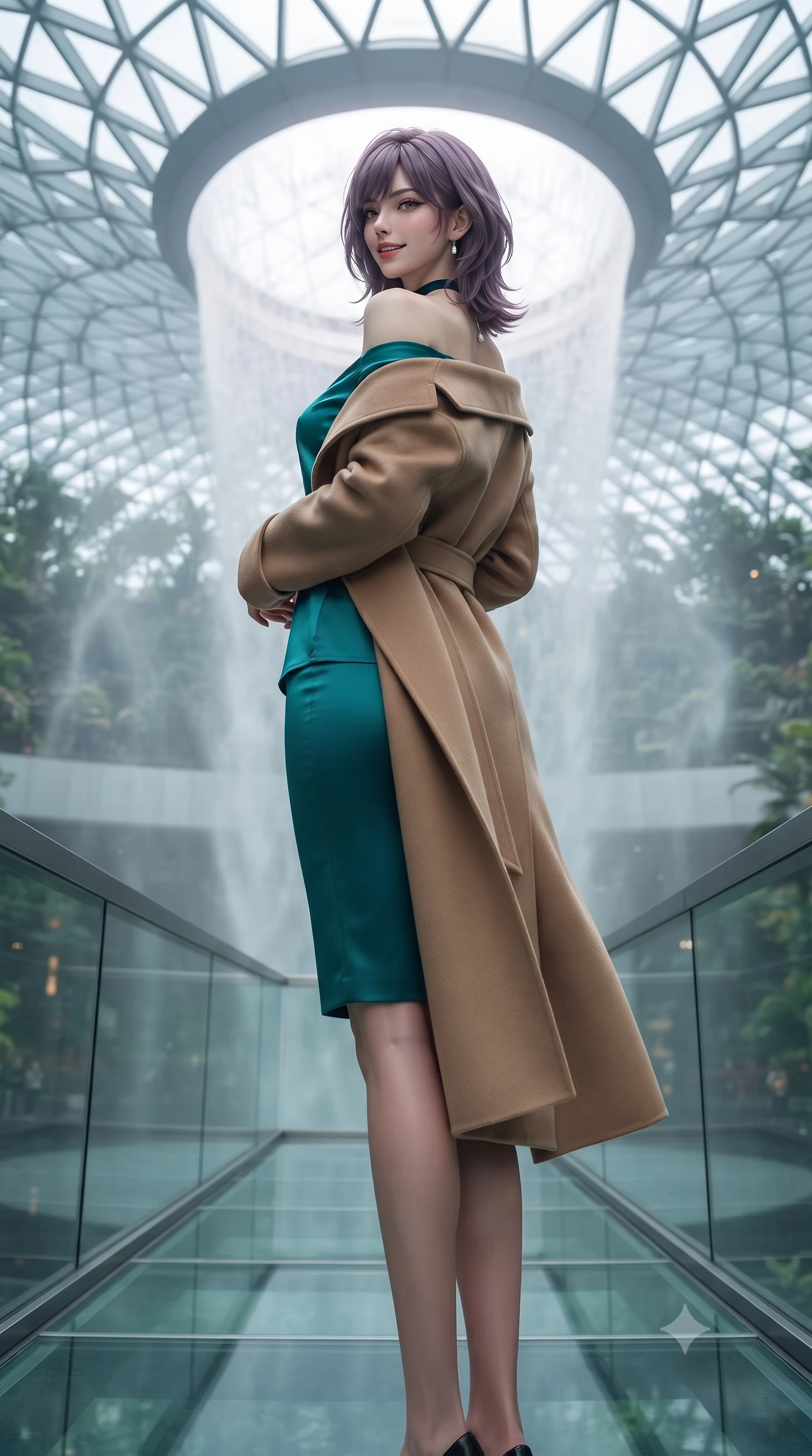 score_9, masterpiece, best quality, ultra-detailed, high-budget anime keyframe, editorial fashion photography, tasteful artistic composition, Japanese woman. low angle full-body shot from head to toe showing her feet, filling the entire 9:16 vertical frame with her statuesque presence, stretching her vertical silhouette. posing in a classic haute-couture S-curve stance beside the floor-to-ceiling window, looking over a bare shoulder with magnetic presence while standing poised on the cantilevered glass skybridge beside the colossal 7-story indoor waterfall vortex cascading from the domed ceiling, arching her lower back with breathtaking siren grace. The background shows a soft-focus swirling thermal waterfall mist softened in futuristic garden dome shallow focus. She has an exceptionally tall and slender model-like 8.5-heads proportion, an ultra-slim waist, a flat toned midriff, narrow delicate ribcage, and beautifully sculpted feminine hips creating a graceful, slim hourglass silhouette without any bulky heaviness, with impossibly long slender legs. sharp v-shaped jawline, high-bridge nose, intricate jewel-like sparkling eyes with depth, thick eyelashes, glossy parted lips with a natural peach sheen, bright cheerful beaming smile with an enchanting and coquettish sensual glint, exuding both youthful cute charm and seductive allure, flawlessly proportioned anatomical accuracy, strict slender model proportions, natural body alignment, perfectly sculpted long slender limbs, ultra-slim waistline, clean dynamic posture without body distortion. wearing a structured double-faced camel hair wrap coat draped over a tailored silk blouse and pencil skirt in Verdon canyon emerald turquoise and dewy alabaster, crafted from bespoke double-faced cashmere with an exceptionally soft tactile finish, finished with a thin velvet ribbon choker and a single teardrop diamond pendant, the impeccably tailored cut draping gracefully along her slender figure with aristocratic poise. illuminated by waterfall spray specular bounce and sharp rainbow-platinum rim lights defining her dewy collarbones, ultra-slim waist, and curvy hips. ultra-reflective glossy finish, specular highlights, rich textural contrasts, high-contrast stereoscopic depth, volumetric dynamic lighting, 2k, ultra detail, master piece, 9:16 ratio