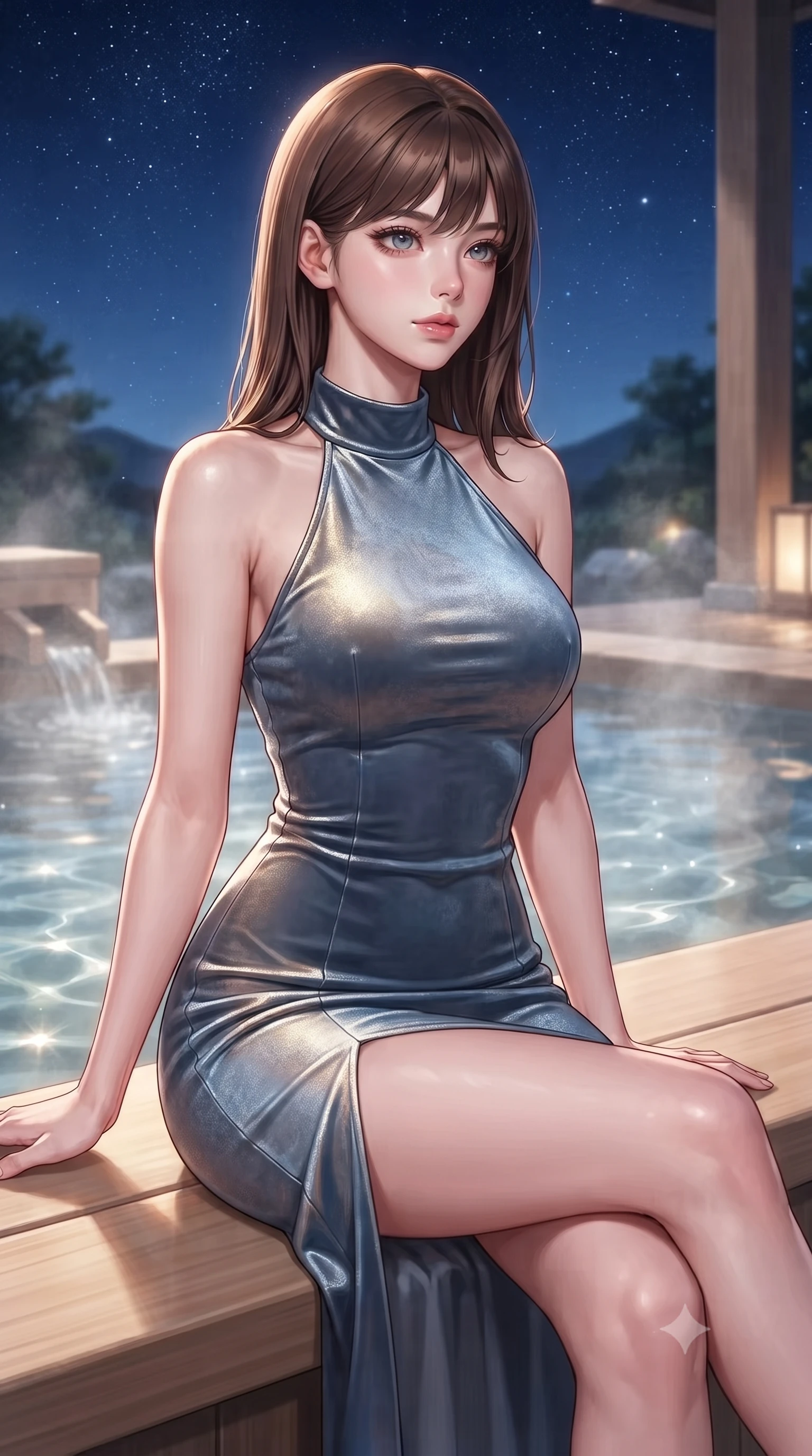 score_9, masterpiece, best quality, ultra-detailed, high-budget anime keyframe, editorial fashion photography, tasteful artistic composition, Korean woman. close-up cowboy shot from the waist and thighs up, the character dominates the composition, filling the frame with her large presence, background elements kept in soft focus. Gazing past the camera with an air of effortless elegance and mysterious confidence sitting gracefully on a smooth hinoki wood platform beside a steaming outdoor thermal bath, water ripples glistening under a clear starry night sky. She has an exceptionally elegant, slender, and willowy female figure with an ultra-slim waist, a gracefully sculpted slender torso, and a refined silhouette. sharp v-shaped jawline, high-bridge nose, intricate jewel-like eyes with depth, thick eyelashes, glossy lips with a natural sheen. wearing a velvet halter-neck midi dress following her form like a glove in slate blue and metallic silver, crafted from smooth liquid silk, finished with a sleek side slit ascending to mid-thigh, the glove-like fit emphasizing her statuesque silhouette. surrounded by a tranquil, spa-like aura with soft specular highlights. highly saturated vibrant anime colors, detailed shading with soft gradients, rich glossy textures, high-contrast stereoscopic depth, volumetric dynamic lighting, master piece, 9:16 ratio
