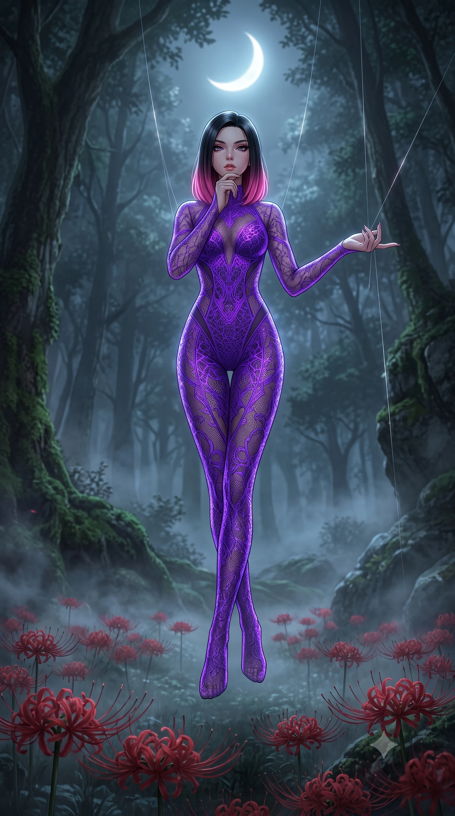 score_9, masterpiece, best quality, ultra-detailed, High-budget Anime Keyframe, East Asian woman. Low angle cowboy shot filling the entire 9:16 frame with her statuesque presence. Scenario 508: suspended by invisible silk threads inside a misty dark forest under a crescent moon with red spider lilies blooming. Her presence is magnetic and overpowering in this high-budget anime scene. Outfit 508: a slim-fit neon violet micro-mesh lace catsuit with sheer sleeves and opaque panels. The clothing is designed to emphasize her exceptionally tall and slender 8-heads proportion. 8-heads proportion, towering silhouette, ultra-slim waist. sharp v-shaped jawline, intricate jewel-like eyes with depth, thick eyelashes, glossy lips. 2k, ultra detail, master piece, 9:16 ratio