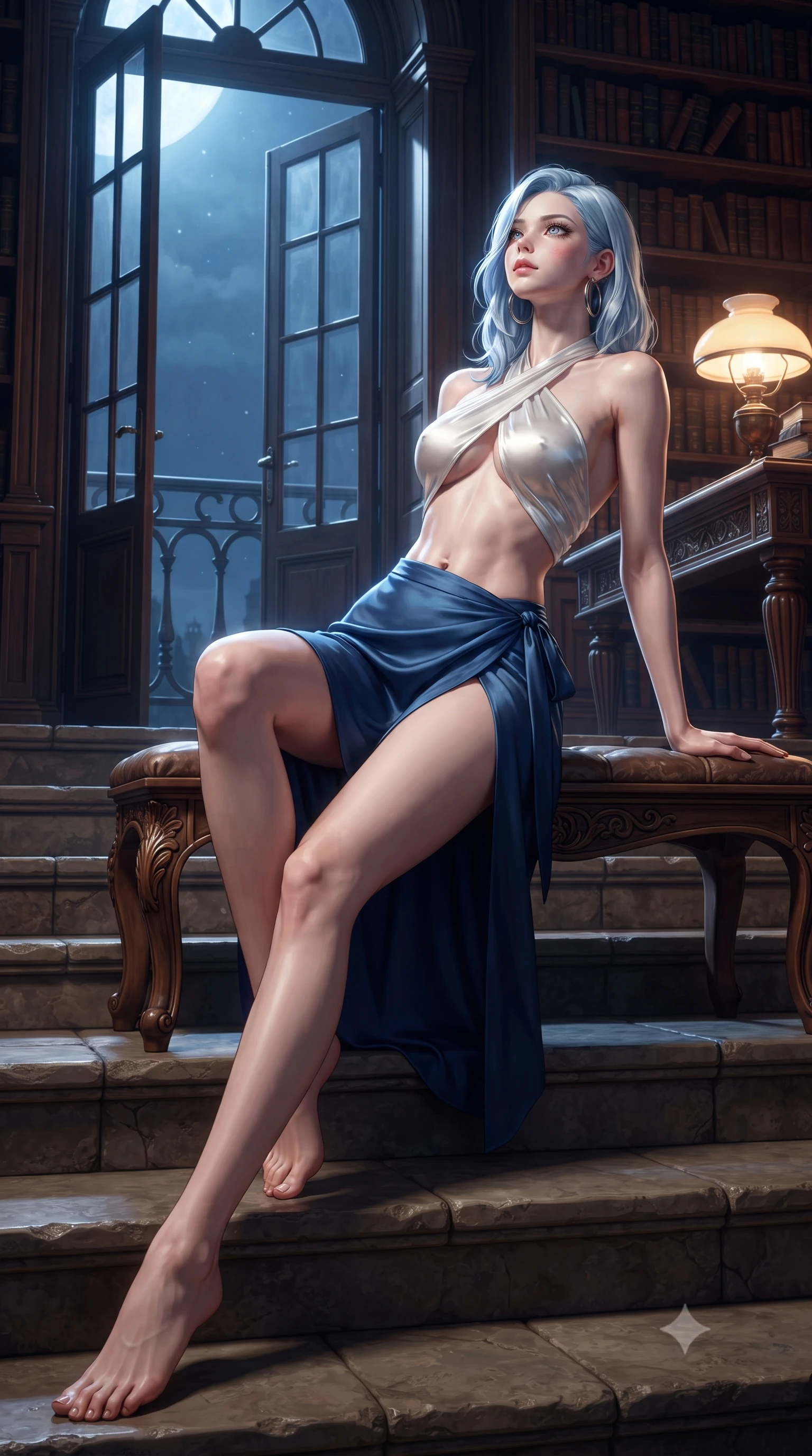 score_9, masterpiece, best quality, ultra-detailed, high-budget anime keyframe, editorial fashion photography, tasteful artistic composition, Korean woman. low angle full-body shot from head to toe showing her feet, filling the entire 9:16 vertical frame with her statuesque presence, stretching her vertical silhouette. sitting poised on the stone steps with one knee bent, arching her spine with supermodel elegance as she glances upward through thick eyelashes while reclining on a carved wooden library bench propped on one elbow, her flat midriff and long slender legs highlighted by moonlight. The surrounding environment is rendered in vivid detail and crisp panoramic clarity: detailed silk satin weave, crystal earrings glinting, and historic library interior craftsmanship in razor-sharp resolution. She has an absolutely perfect, statuesque 8.5-heads proportion, an exceptionally tall and slender model-like female figure with impossibly long slender legs, an ultra-slim waist, a flat toned midriff, narrow delicate ribcage, and beautifully sculpted feminine hips creating a graceful, slim hourglass silhouette without any bulky heaviness. sharp v-shaped jawline, high-bridge nose, sparkling eyes with hypnotic seductive depth, thick curled eyelashes, glossy parted lips with a natural dewy peach sheen, alluring bedroom-eyes with an enchanting coquettish smile, exuding magnetic siren charisma and sophisticated glamour, flawlessly proportioned anatomical accuracy, strict slender model proportions, natural body alignment, perfectly sculpted long slender limbs, ultra-slim waistline, clean dynamic posture without body distortion. wearing a high-waisted silk wrap sarong skirt with a hip-high slit paired with a plunging criss-cross satin halter top in pure pearl alabaster with platinum sheen, woven from buttery-soft stretch lambskin leather adhering to her body like a second skin, accented with oversized polished chrome hoop earrings catching the ambient neon glow, the second-skin tailored fabric adhering flawlessly to her sculpted flat midriff and slender torso, emphasizing her long leg lines and perfectly proportioned willowy build. bathed in cool moonlight streaming through open balcony doors mixed with warm incandescent reading lamp glow. ultra-reflective glossy finish, specular highlights, rich textural contrasts, high-contrast stereoscopic depth, volumetric dynamic lighting, 2k, ultra detail, master piece, 9:16 ratio