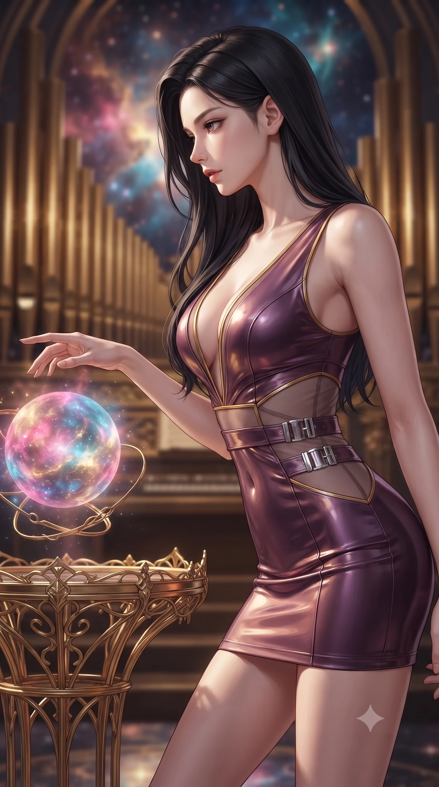 score_9, masterpiece, best quality, ultra-detailed, high-budget anime keyframe, editorial fashion photography, tasteful artistic composition, Korean woman. close-up cowboy shot from the waist and thighs up, the character dominates the composition, filling the frame with her large presence, background elements kept in soft focus. Turning her face in sharp profile while her upper body leans forward with poised athletic grace while reaching her hand toward a glowing celestial orb hovering over a golden altar, golden filigree organ pipes casting intricate metallic reflections in mid-air. She has an exceptionally elegant, slender, and willowy female figure with an ultra-slim waist, a gracefully sculpted slender torso, and a refined silhouette. sharp v-shaped jawline, high-bridge nose, intricate jewel-like eyes with depth, thick eyelashes, glossy lips with a natural sheen, flawlessly proportioned anatomical accuracy, natural body alignment, perfectly sculpted elegant limbs, clean dynamic posture without body distortion. wearing a liquid mercury gloss mini dress with ultra-deep V-neck and waist cutouts in plum purple and gold filigree, woven from fine semi-opaque sheer organza, detailed with polished silver buckles along the waistline, the tailored fabric tightly following every curve of her athletic build. bathed in dramatic cosmic pink and navy nebula backlighting with gold key light. ultra-reflective glossy finish, specular highlights, metallic sheen, high-contrast stereoscopic depth, volumetric dynamic lighting, 2k, ultra detail, master piece, 9:16 ratio