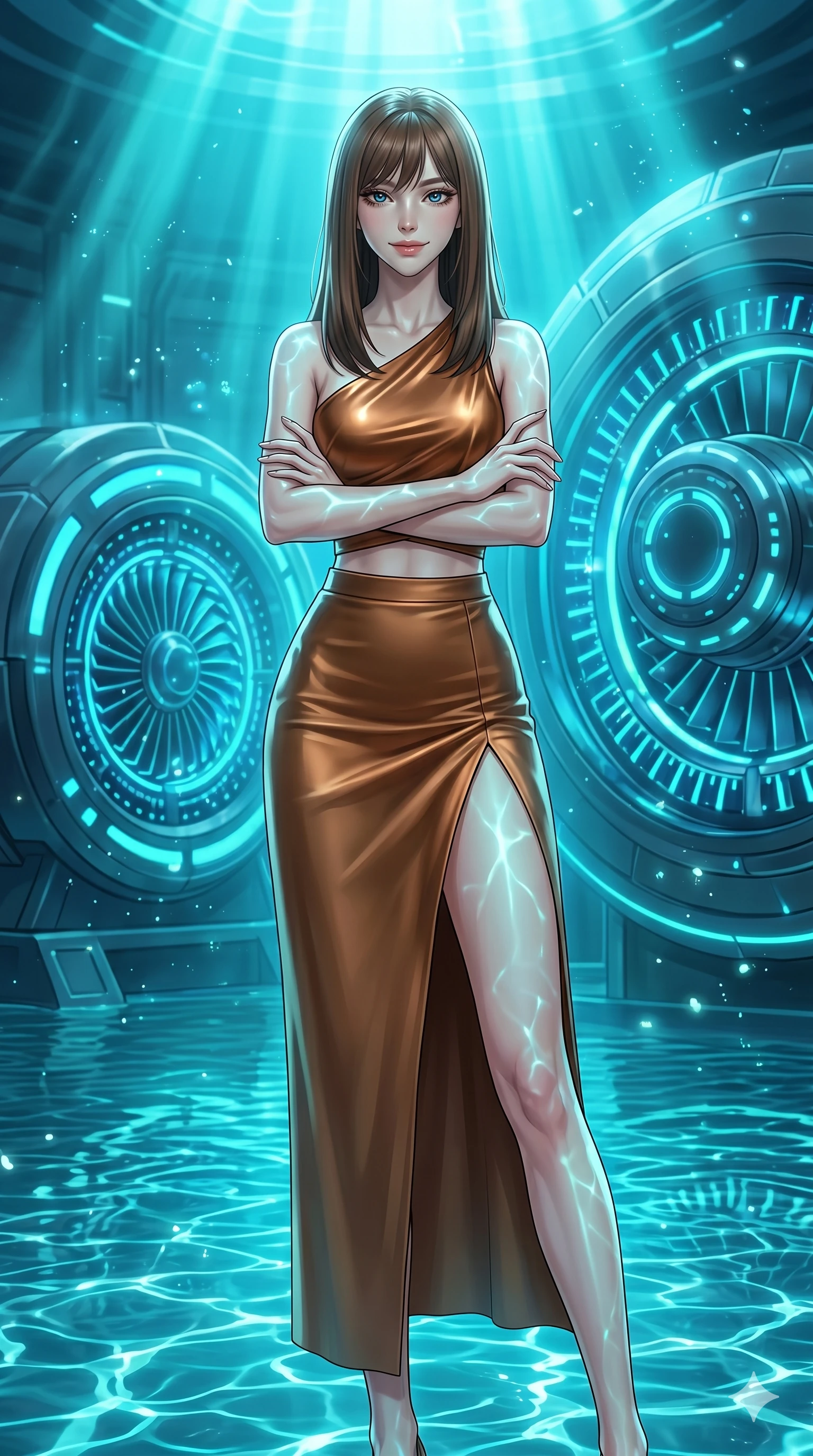 score_9, masterpiece, best quality, ultra-detailed, high-budget anime keyframe, editorial fashion photography, tasteful artistic composition, Korean woman. cowboy shot from the thighs up, character and outfit filling the frame for maximum editorial presence. Crossing her arms with a confident smile, her posture relaxed yet powerful inside a futuristic engine room with massive turbine generators glowing with blue light, as a gentle breeze stirs the glowing elements around her. She has an absolutely perfect 8-heads proportion, an exceptionally tall and slender female figure with impossibly long slender legs and an ultra-slim waist. V-shaped jawline, high-bridge nose, intricate jewel-like eyes with depth, thick eyelashes, glossy lips with a natural sheen. wearing an asymmetric crop top in liquid bronze paired with a high-waist tailored skirt featuring a high slit. drenched in brilliant turquoise volumetric light filtering through water, casting caustic patterns. 2k, ultra detail, master piece, 9:16 ratio