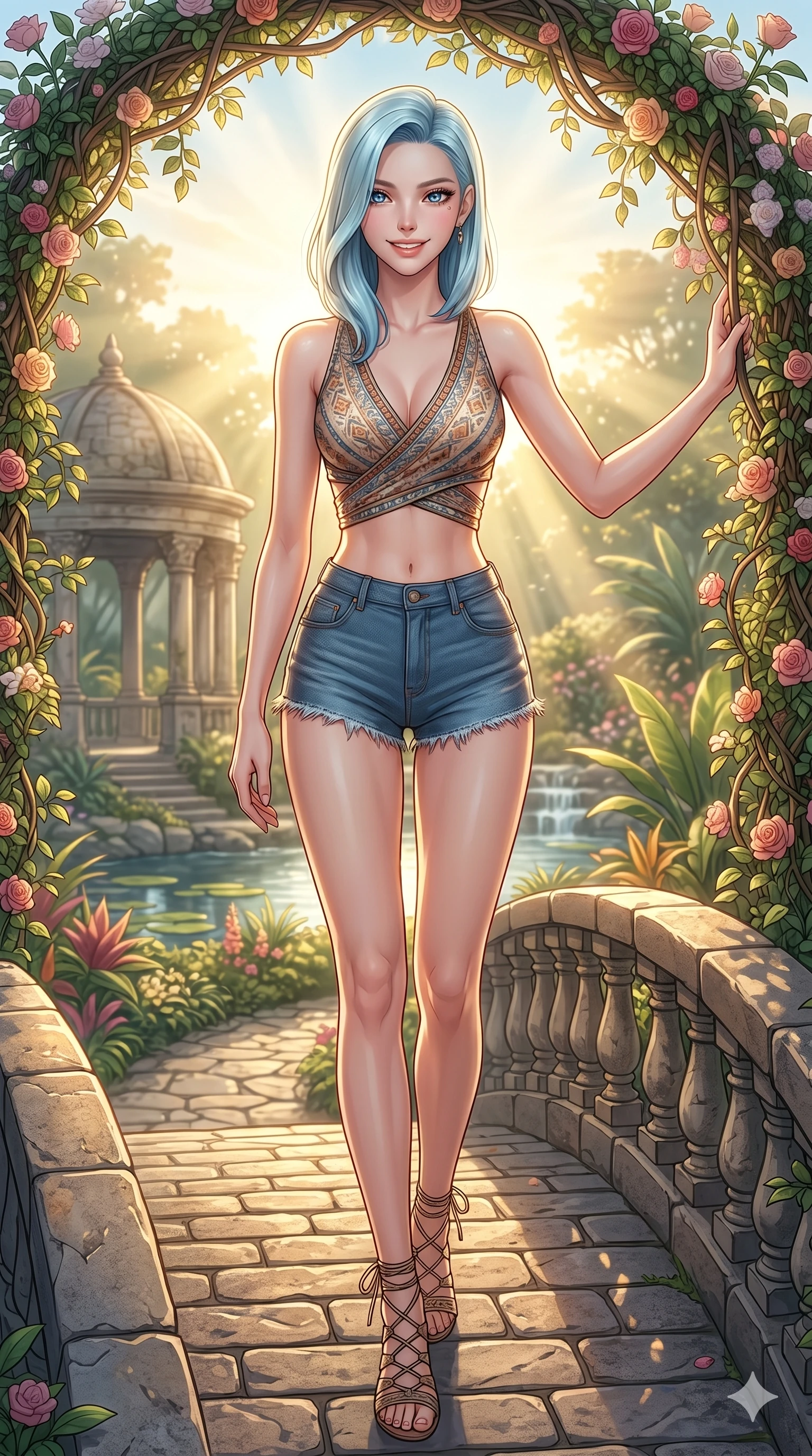 score_9, masterpiece, best quality, ultra-detailed, high-budget anime keyframe, vibrant anime aesthetic, Korean woman. cowboy shot from the thighs up, character and outfit filling the frame for maximum presence. She is posing with a radiant, confident smile, resting one hand on a flower arch on a stone bridge in a resort park (Code-P20-118). She has an absolutely perfect 8-heads proportion, an exceptionally tall and slender female figure with impossibly long slender legs and an ultra-slim waist. V-shaped jawline, high-bridge nose, intricate jewel-like eyes with depth, thick eyelashes, glossy lips with a natural sheen. wearing a wrap top exposing bare midriff and micro-shorts in the sun. She is dramatic volumetric lighting from the rising sun, accentuating her statuesque silhouette. 2k, ultra detail, master piece, 9:16 ratio