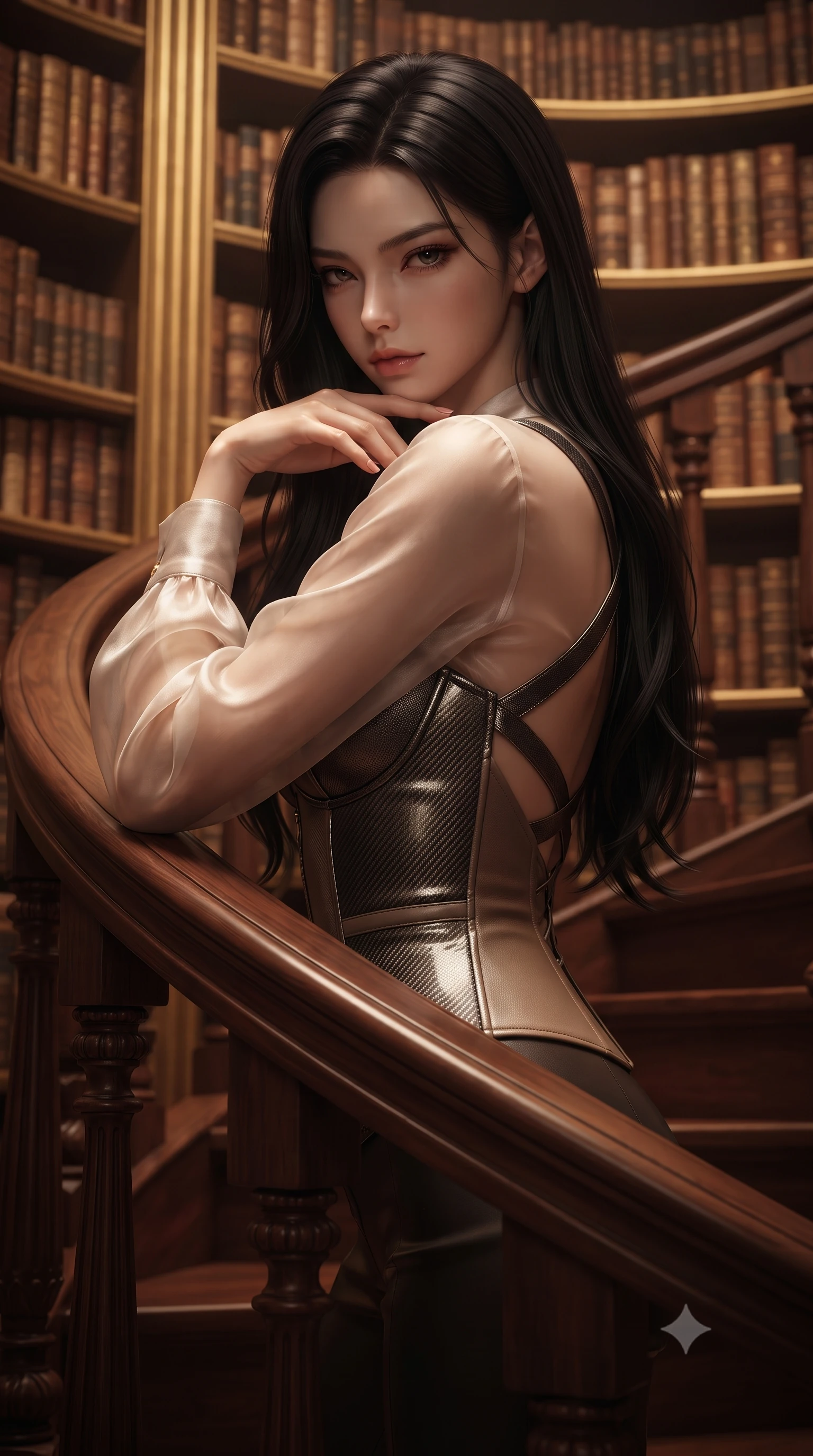 score_9, masterpiece, best quality, ultra-detailed, high-budget anime keyframe, editorial fashion photography, tasteful artistic composition, Korean woman. close-up cowboy shot from the waist and thighs up, the character dominates the composition, filling the frame with her large presence, background elements kept in soft focus. Resting her chin on the backs of her fingers, casting a sharp, mysterious gaze standing on a carved mahogany spiral staircase in a grand multi-story library, thousands of antique leather-bound books stacked along majestic golden shelves. She has an exceptionally elegant, slender, and willowy female figure with an ultra-slim waist, a gracefully sculpted slender torso, and a refined silhouette. sharp v-shaped jawline, high-bridge nose, intricate jewel-like eyes with depth, thick eyelashes, glossy lips with a natural sheen. wearing a tailored leather bustier over a sheer silk chiffon blouse in pearl white and rose gold, made of fine carbon-fiber weave and soft matte leather, complemented by criss-cross back straps highlighting her bare shoulders, the glove-like fit emphasizing her statuesque silhouette. surrounded by a scholarly, opulent aura with warm chiaroscuro contrast. ultra-reflective glossy finish, specular highlights, metallic sheen, high-contrast stereoscopic depth, volumetric dynamic lighting, 2k, ultra detail, master piece, 9:16 ratio