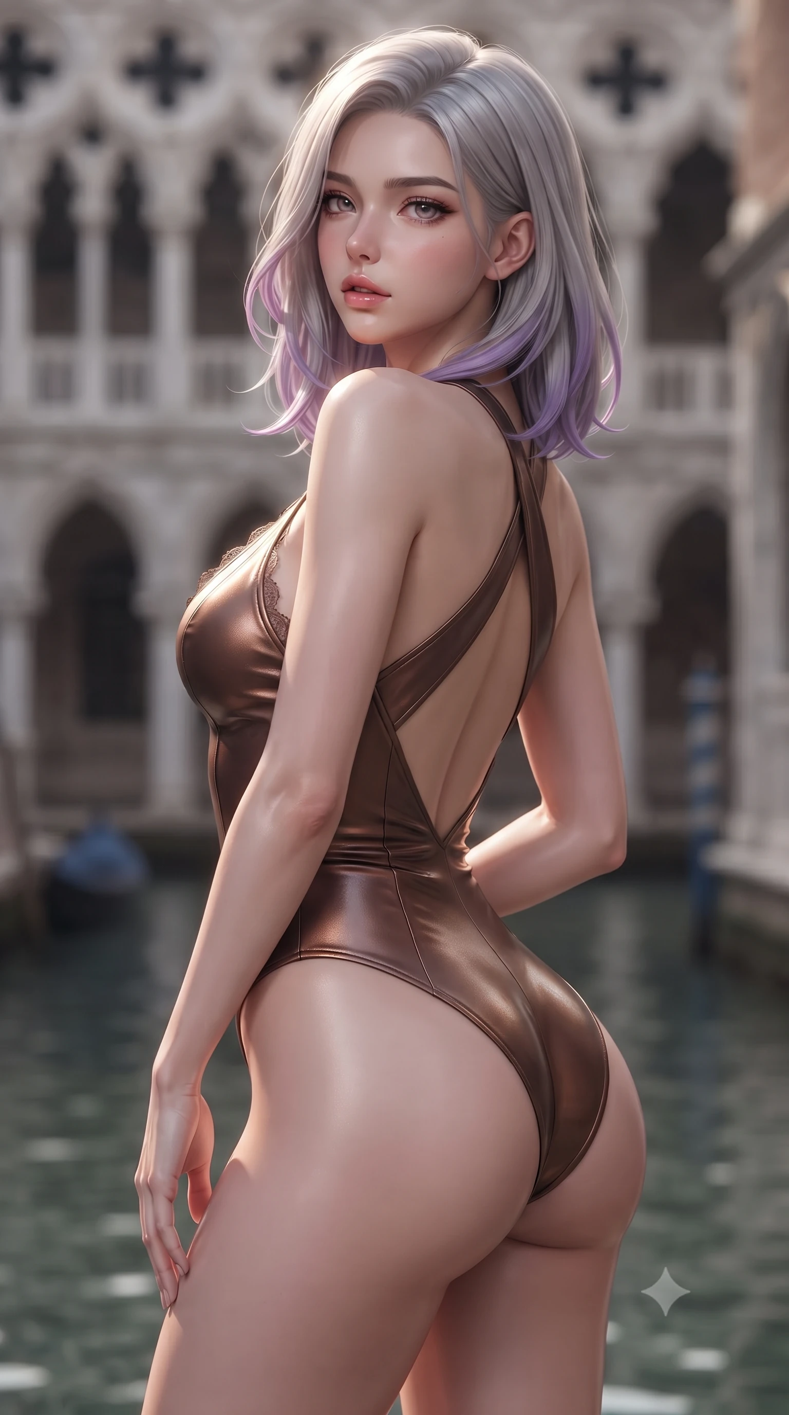 score_9, masterpiece, best quality, ultra-detailed, high-budget anime keyframe, editorial fashion photography, tasteful artistic composition, Caucasian woman. close-up cowboy shot from the waist and thighs up, the character dominates the composition, filling the frame with her large presence. posing in an alluring rear three-quarter angle, looking over a bare shoulder with parted glossy lips, her hips cocked back to highlight her slim hourglass curve while twisting her slender torso in an alluring S-curve, rippling Grand Canal water reflections dancing across her narrow waist and hips. The background shows a soft-focus gothic stone tracery arches softened in romantic maritime historical shallow focus. She has an exceptionally elegant, slender, and willowy female figure with an ultra-slim waist, flat toned midriff, narrow ribcage, and sculpted feminine hips creating an alluring, slim hourglass silhouette without bulk. sharp v-shaped jawline, high-bridge nose, sparkling eyes with hypnotic seductive depth, thick curled eyelashes, glossy parted lips with a natural dewy peach sheen, alluring bedroom-eyes with an enchanting coquettish smile, exuding magnetic siren charisma and sophisticated glamour, flawlessly proportioned anatomical accuracy, strict slender model proportions, natural body alignment, perfectly sculpted long slender limbs, ultra-slim waistline, clean dynamic posture without body distortion. wearing a criss-cross halterneck keyhole bodysuit with open back and sculpted waist darts in sultry espresso bronze and metallic copper, woven from buttery-soft stretch lambskin leather adhering to her body like a second skin, finished with scalloped eyelash lace trim framing her sweetheart neckline with intimate elegance, the form-contouring silhouette accentuating her sculpted flat midriff, narrow delicate ribcage, and gracefully curvy hips with intoxicating allure. illuminated by canal water specular bounce and sharp platinum-gold rim lights defining her delicate clavicles, narrow waist, and curvy hips. ultra-reflective glossy finish, specular highlights, rich textural contrasts, high-contrast stereoscopic depth, volumetric dynamic lighting, 2k, ultra detail, master piece, 9:16 ratio