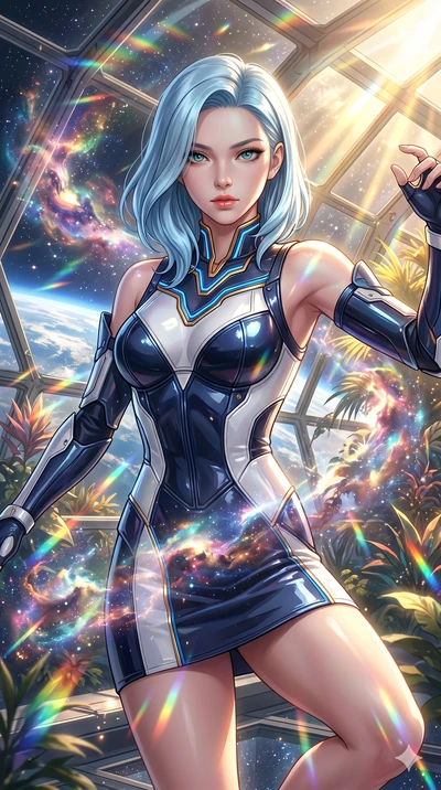 score_9, masterpiece, best quality, ultra-detailed, high-budget anime keyframe, Korean woman. Upper body close-up from the thighs up, character filling the screen for maximum presence. She is posing with dynamic energy as glowing cosmic stardust and 