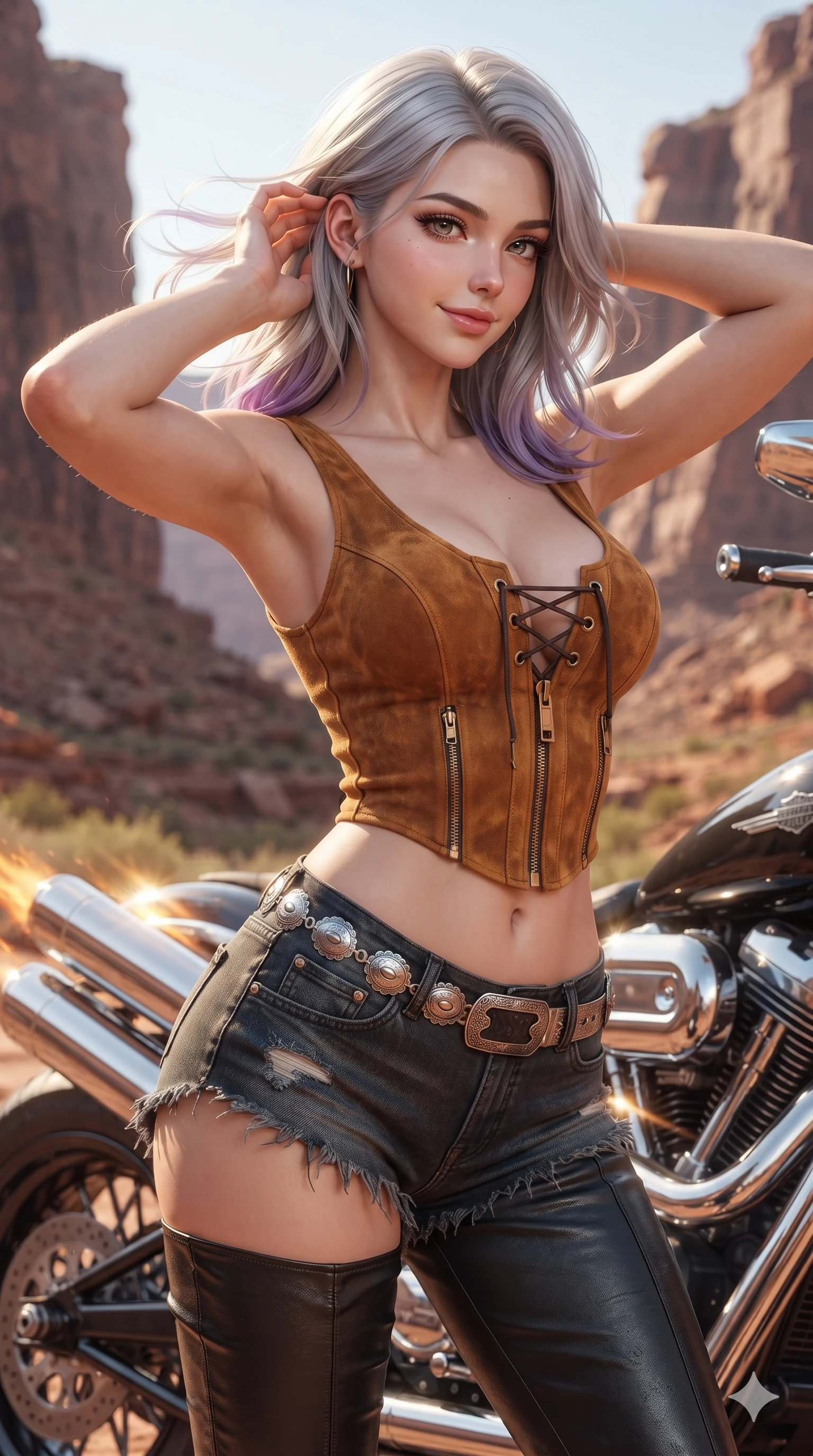 score_9, masterpiece, best quality, ultra-detailed, high-budget anime keyframe, editorial fashion photography, tasteful artistic composition, Caucasian woman. close-up cowboy shot from the waist and thighs up, the character dominates the composition, filling the frame with her large presence. gently brushing a lock of windblown hair behind her ear while casting a playful, flirtatious side-gaze with long eyelashes while twisting her slender torso in an alluring contrapposto stance beside the hot chrome exhaust pipes, heat mirages shimmering across her flat midriff and curvy hips. The surrounding environment is rendered in vivid detail and crisp panoramic clarity: detailed wet-look leather pants cling, silver belt buckle engravings, and canyon geology in razor-sharp precision. She has an exceptionally elegant, slender, and willowy female figure with an ultra-slim waist, flat toned midriff, narrow ribcage, and sculpted feminine hips creating an alluring, slim hourglass silhouette without bulk. sharp v-shaped jawline, high-bridge nose, sparkling eyes with hypnotic seductive depth, thick curled eyelashes, glossy parted lips with a natural dewy peach sheen, alluring bedroom-eyes with an enchanting coquettish smile, exuding magnetic siren charisma and sophisticated glamour, flawlessly proportioned anatomical accuracy, strict slender model proportions, natural body alignment, perfectly sculpted long slender limbs, ultra-slim waistline, clean dynamic posture without body distortion. wearing a plunging lace-up suede bustier top paired with ultra-short frayed denim cutoffs and a silver concho waist chain in dark espresso leather and warm amber highlights, tailored from smooth liquid silk satin that adheres flawlessly over her curves with a dewy sheen, finished with sleek heavy-duty brass zip pulls and buckled moto straps, the liquid-tight tailored fabric clinging flawlessly to her narrow waist and rounded feminine hips, emphasizing every millimeter of her sculpted slim hourglass curves without any bulky heaviness. illuminated by asphalt heat reflection bounce and sharp golden-amber rim lights sculpting her razor-sharp jawline, narrow waist, and curvy hips. ultra-reflective glossy finish, specular highlights, rich textural contrasts, high-contrast stereoscopic depth, volumetric dynamic lighting, 2k, ultra detail, master piece, 9:16 ratio
